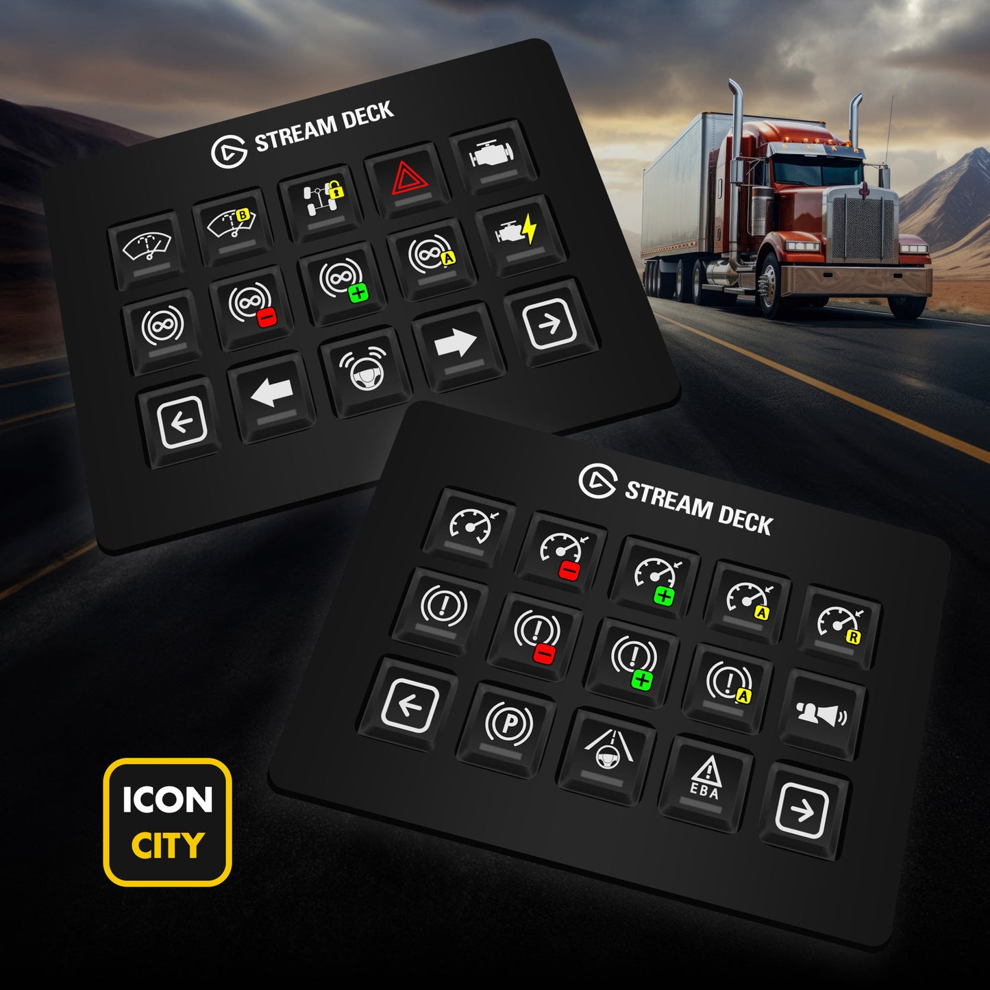 Two Stream Deck devices showing American Truck Simulator icons by iConCity. Images for illustrative purposes only and do not represent the layout of included profiles.
