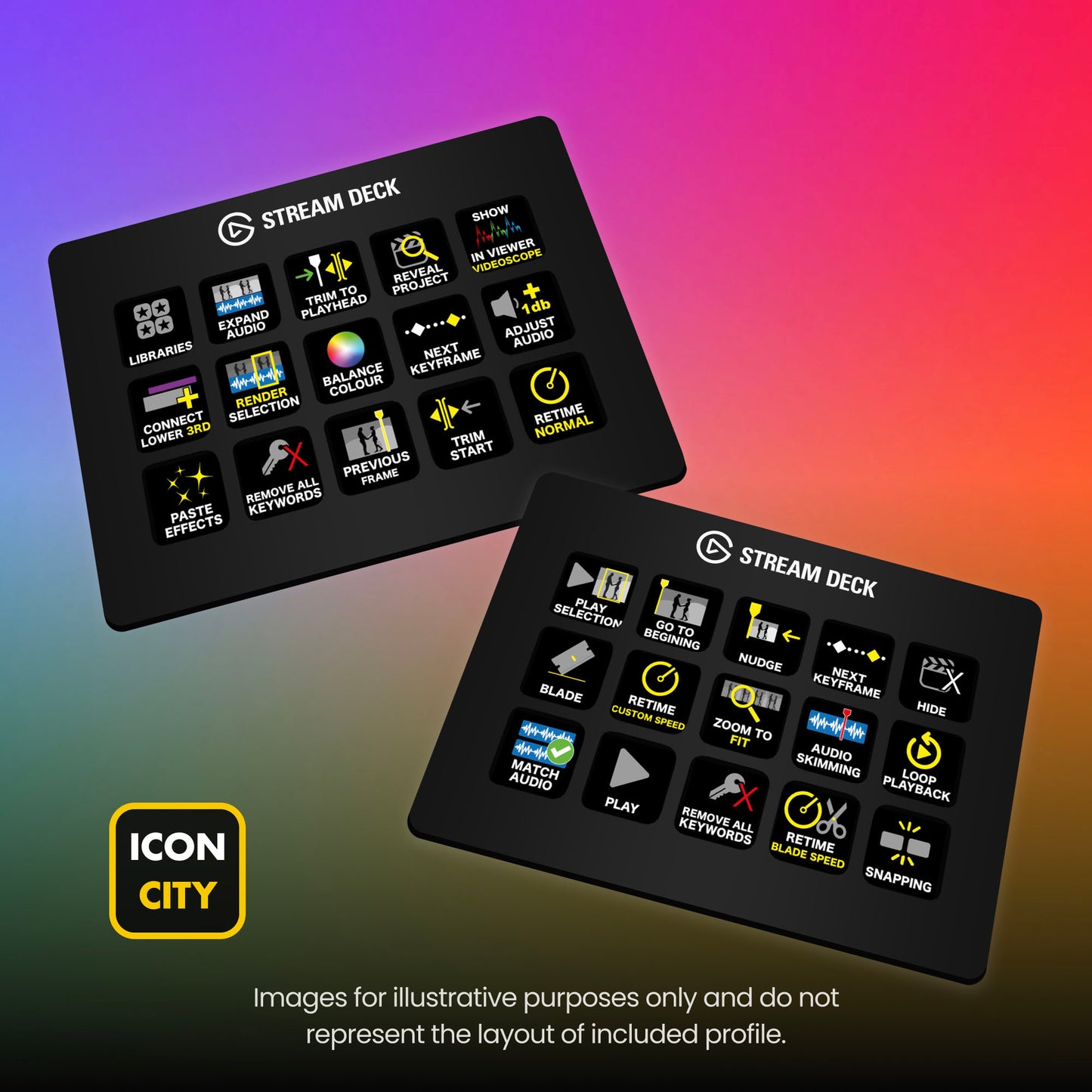 Two Stream Deck devices showing Final Cut Pro icons by iConCity. Images for illustrative purposes only and do not represent the layout of included profiles.