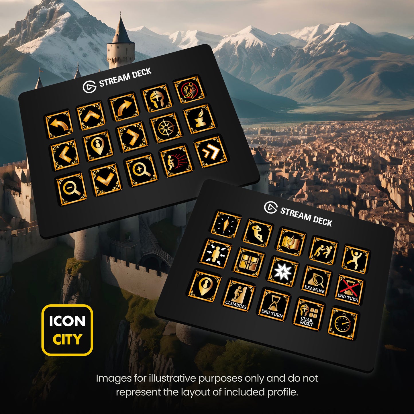 Two Stream Deck devices showing Baldur’s Gate 3 icons by iConCity. Images for illustrative purposes only and do not represent the layout of included profiles.