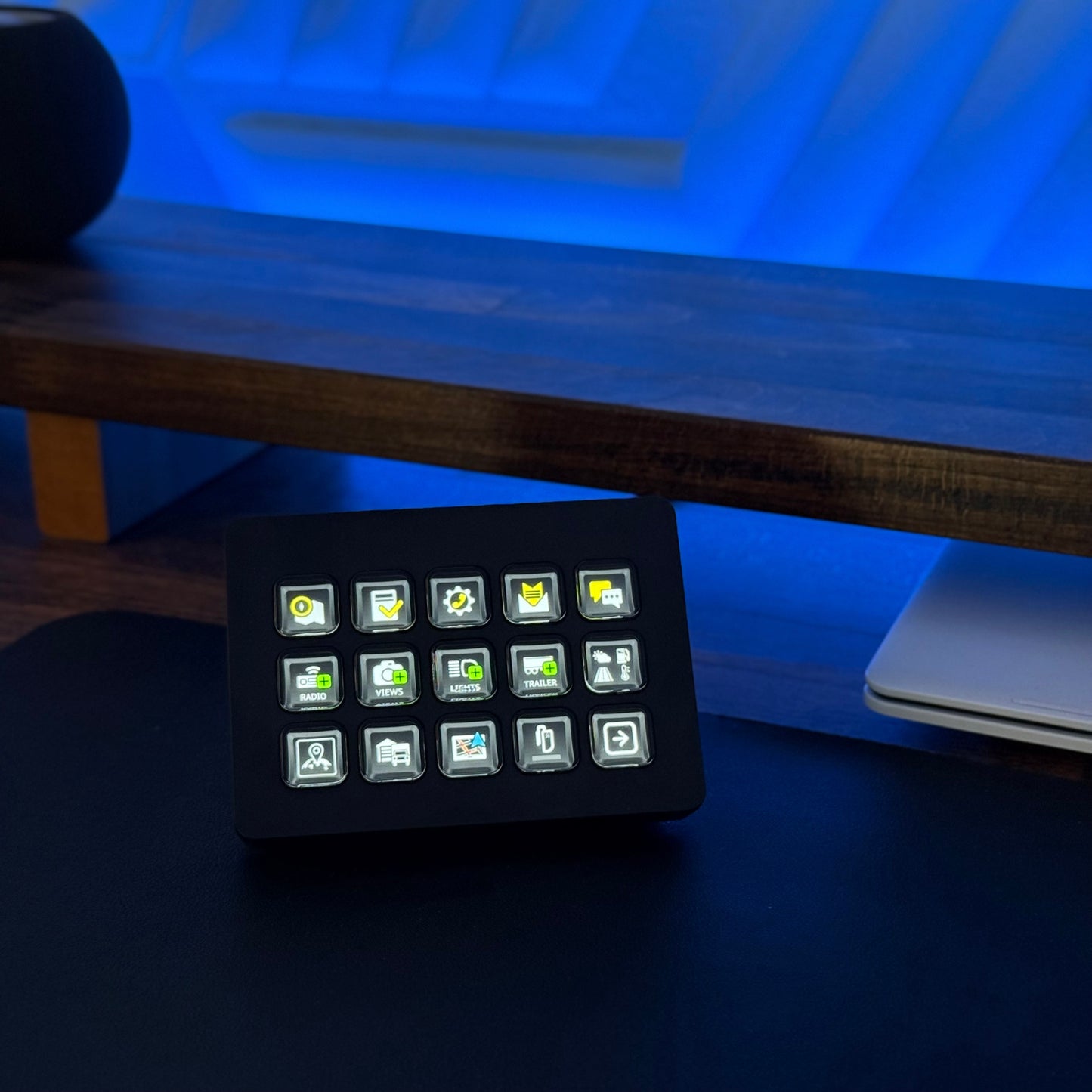 Stream Deck on a desk showing American Truck Simulator icons