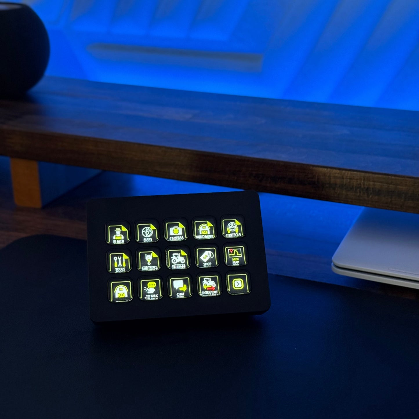 Stream Deck on a desk showing Farming Simulator 25 icons
