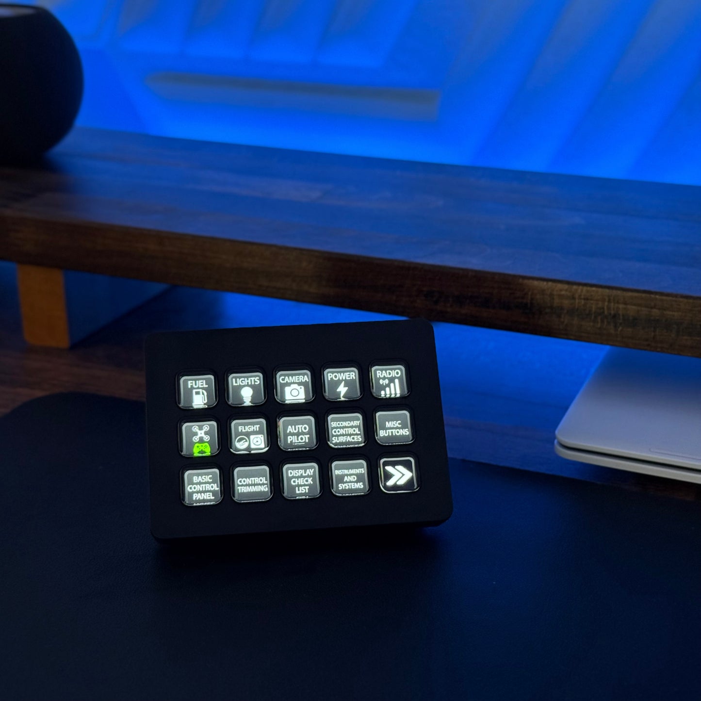 Stream Deck on a desk showing Flight Simulator 2020 icons