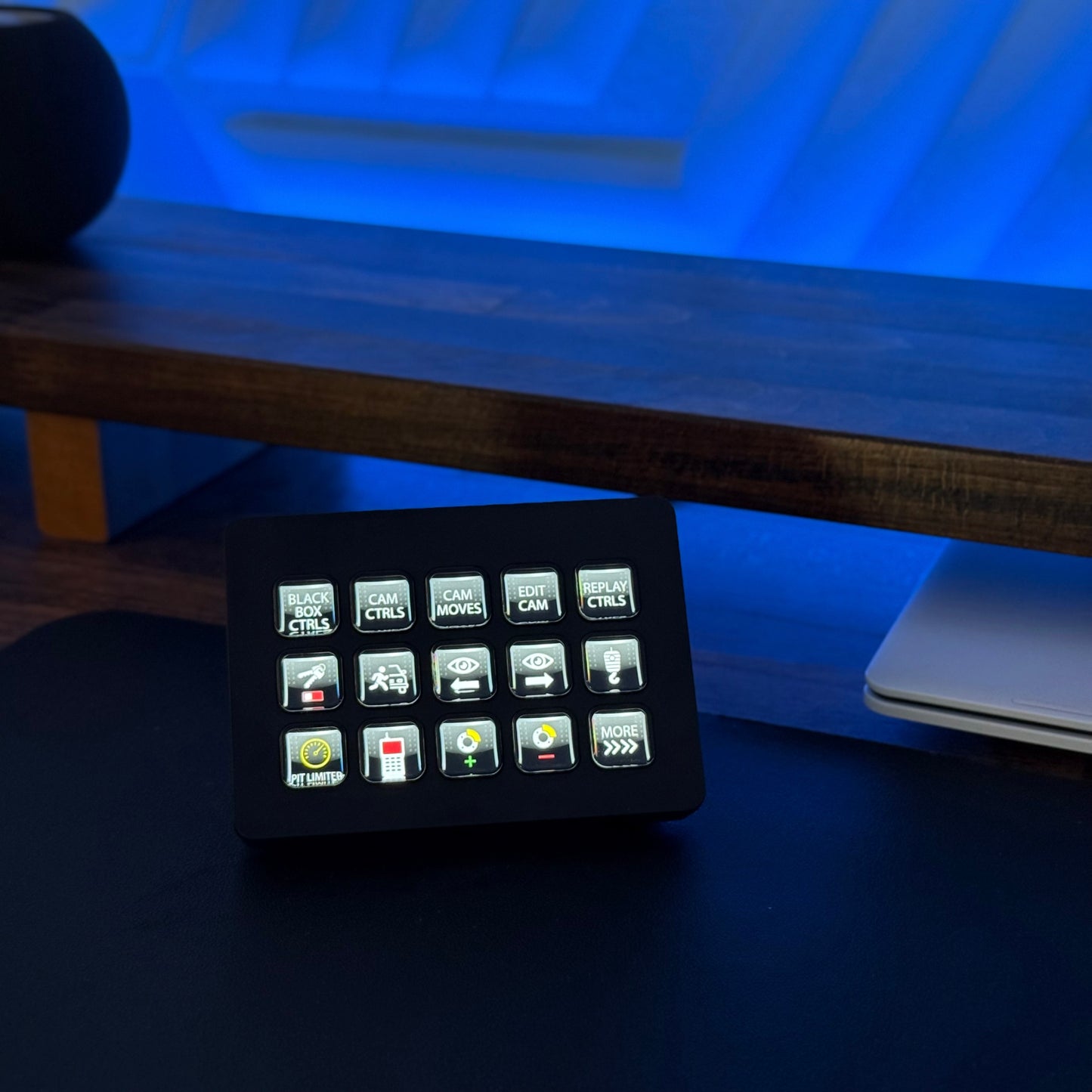 Stream Deck on a desk showing iRacing icons
