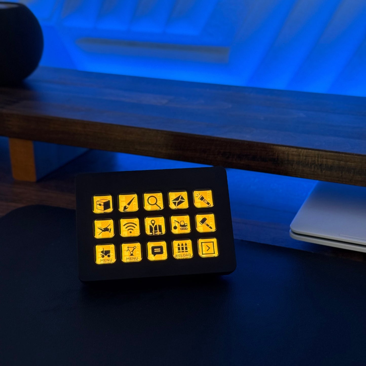 Stream Deck on a desk showing Satisfactory icons