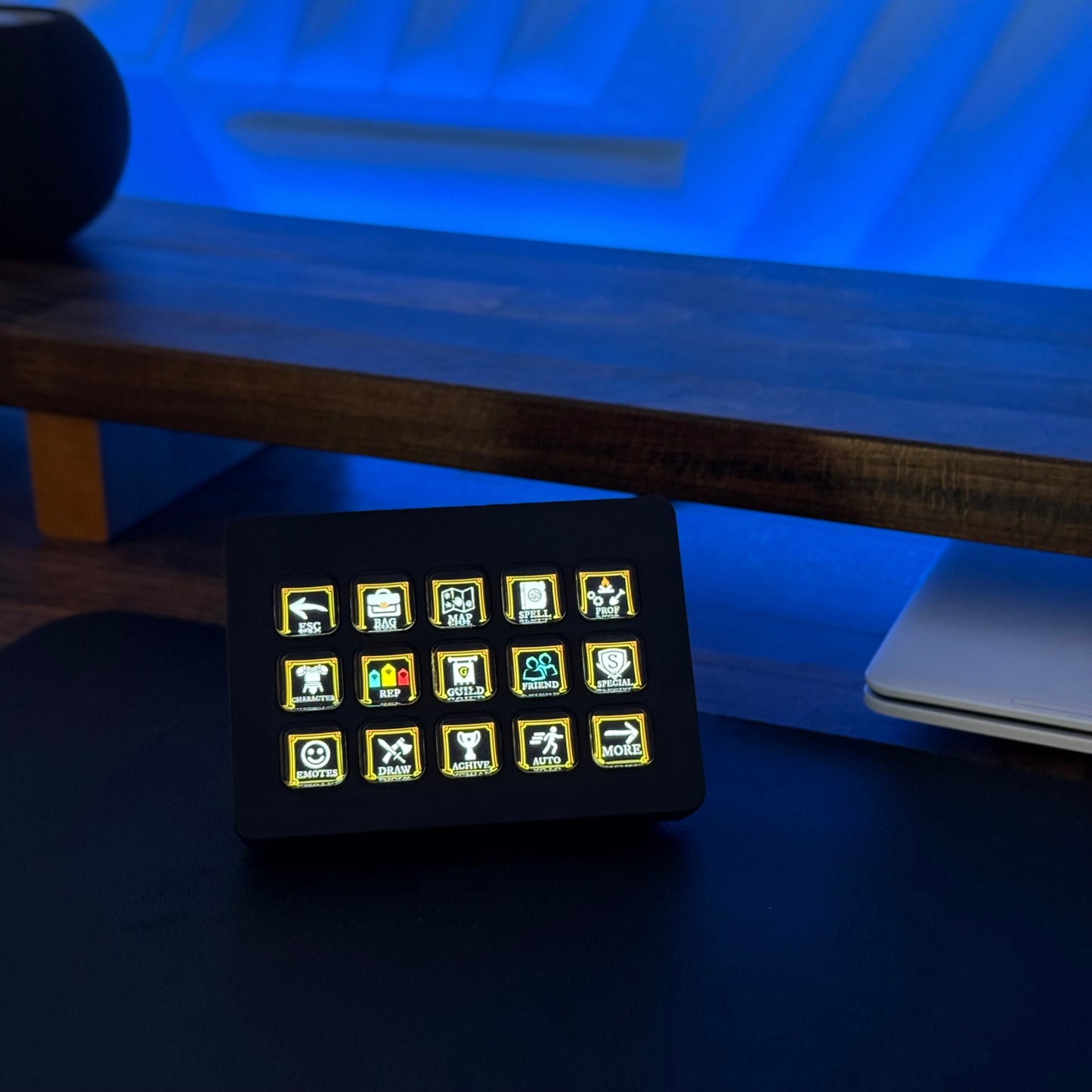 Stream Deck on a desk showing World of Warcraft icons