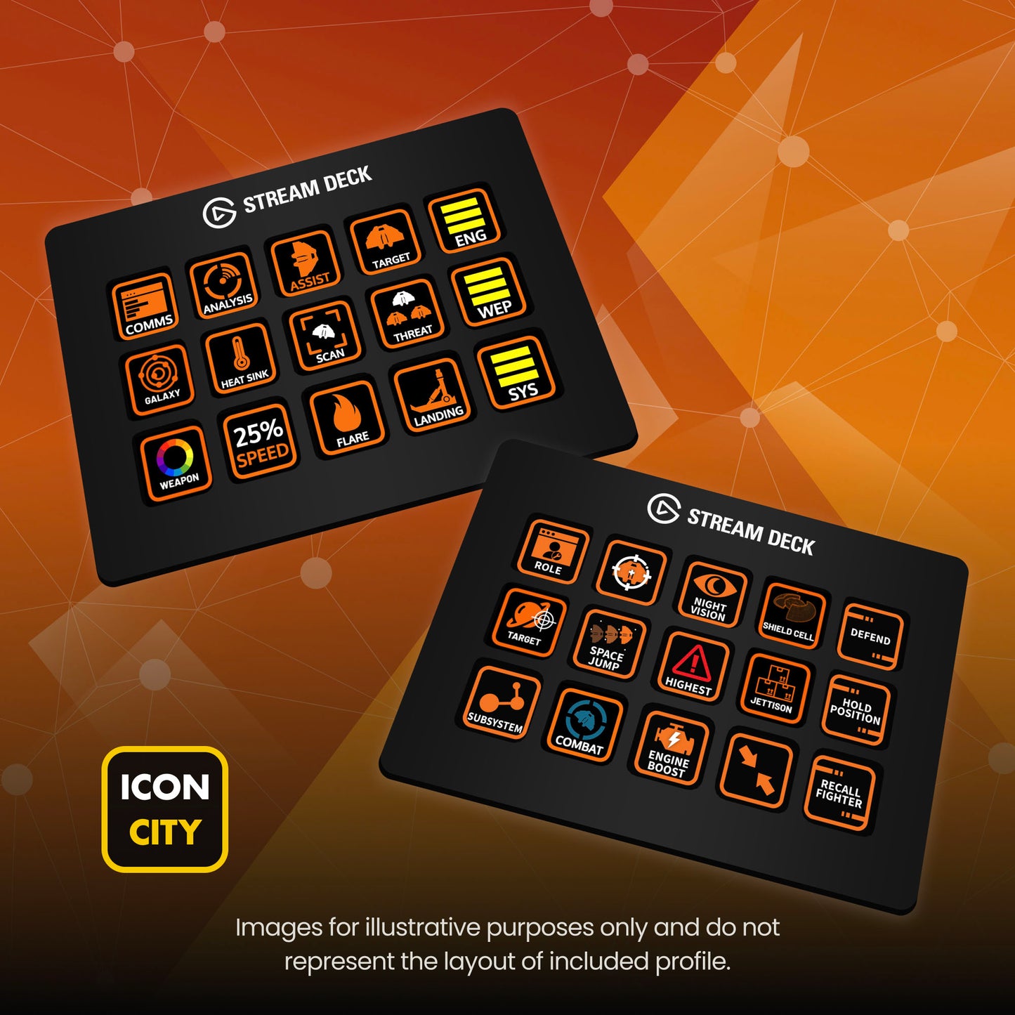 Two Stream Deck devices showing Elite Dangerous icons by iConCity. Images for illustrative purposes only and do not represent the layout of included profiles.