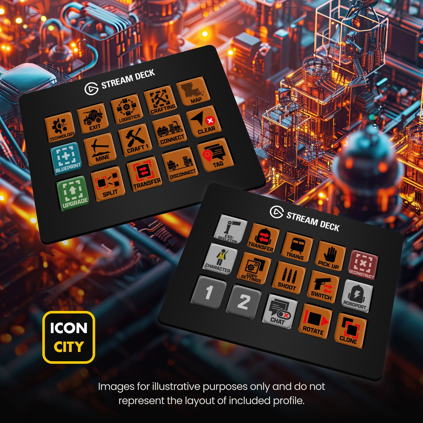Two Stream Deck devices showing Factorio icons by iConCity. Images for illustrative purposes only and do not represent the layout of included profiles.