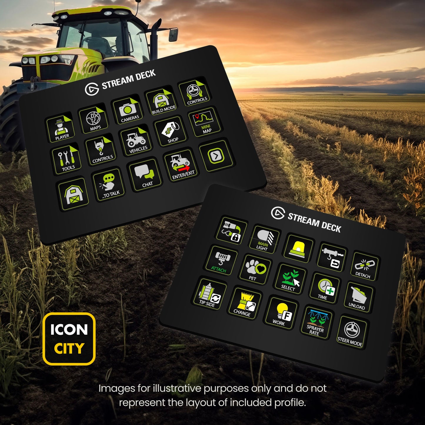Two Stream Deck devices showing Farming Simulator 25 icons by iConCity. Images for illustrative purposes only and do not represent the layout of included profiles.