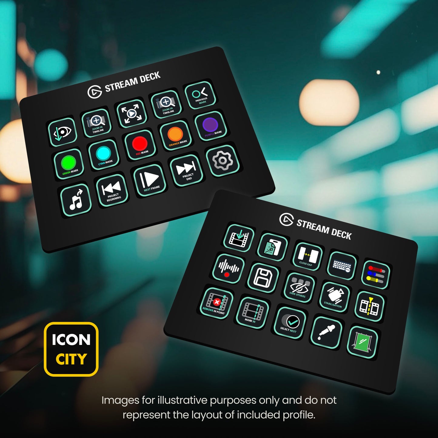 Two Stream Deck devices showing Filmora icons by iConCity. Images for illustrative purposes only and do not represent the layout of included profiles.