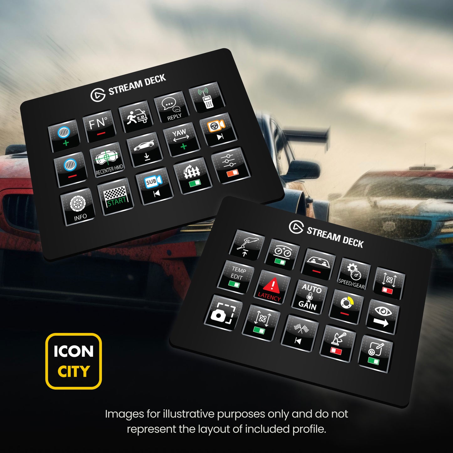 Two Stream Deck devices showing iRacing icons by iConCity. Images for illustrative purposes only and do not represent the layout of included profiles.
