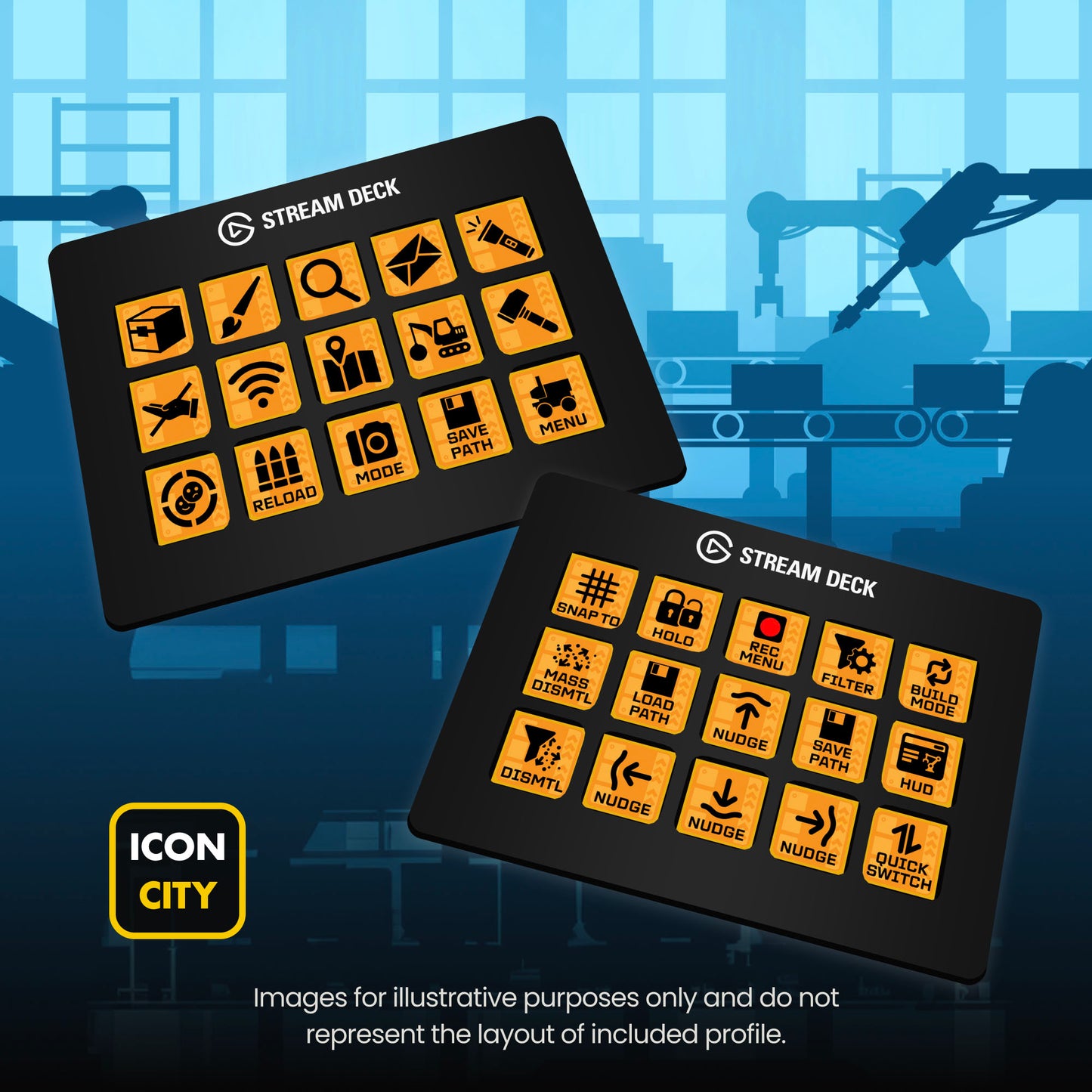 Two Stream Deck devices showing Satisfactory icons by iConCity. Images for illustrative purposes only and do not represent the layout of included profiles.