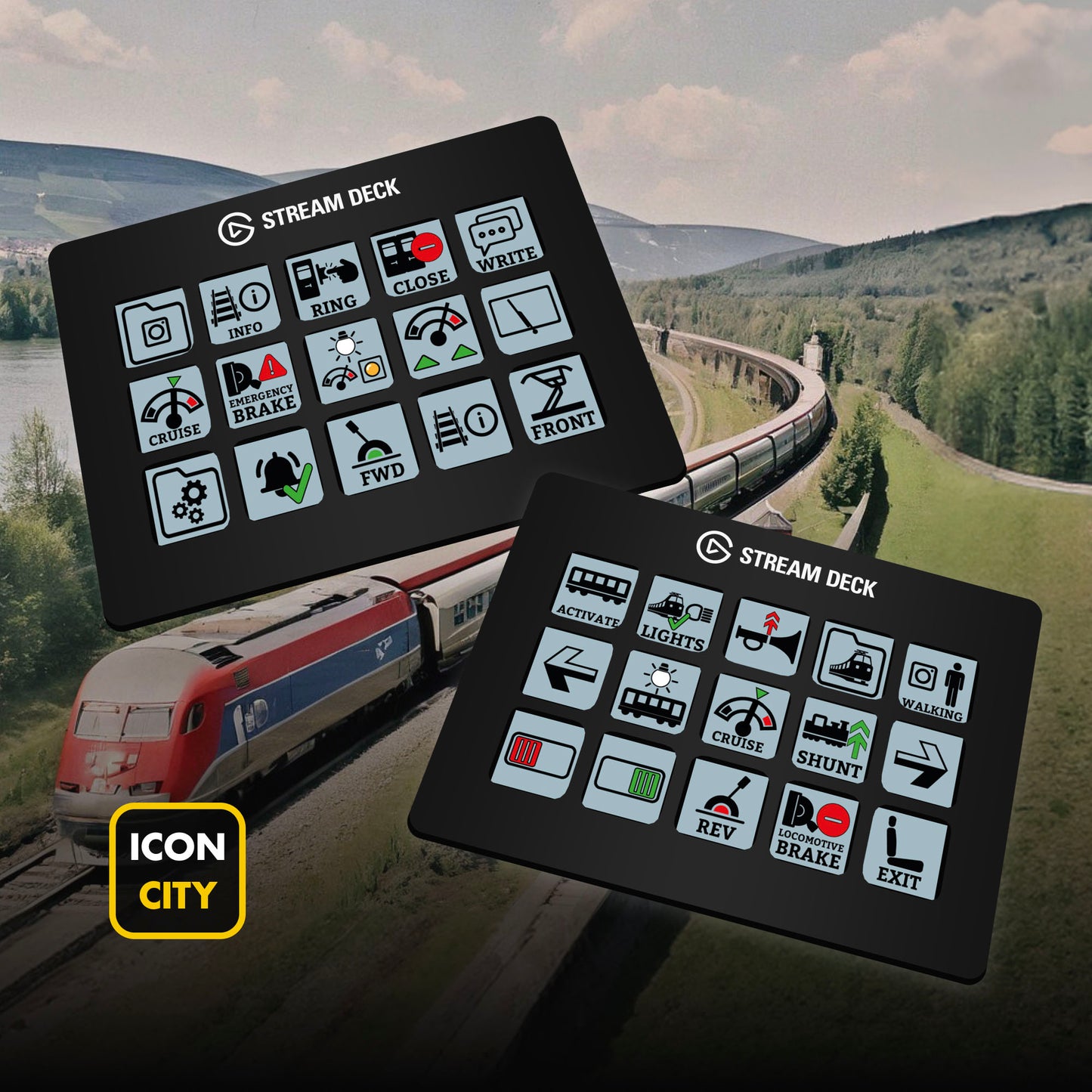 Two Stream Deck devices showing SimRail icons by iConCity. Images for illustrative purposes only and do not represent the layout of included profiles.