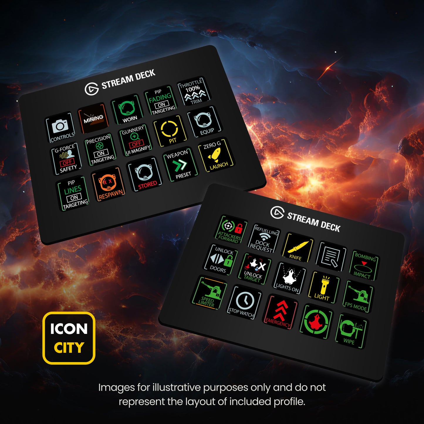 Two Stream Deck devices showing Star Citizen icons by iConCity. Images for illustrative purposes only and do not represent the layout of included profiles.