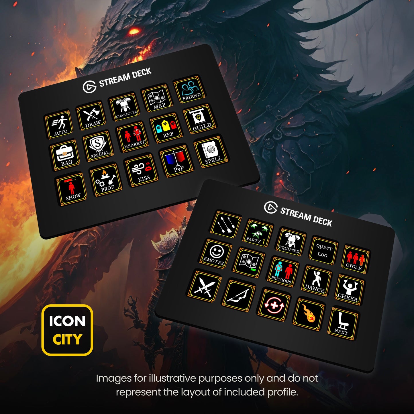 Two Stream Deck devices showing World of Warcraft icons by iConCity. Images for illustrative purposes only and do not represent the layout of included profiles.