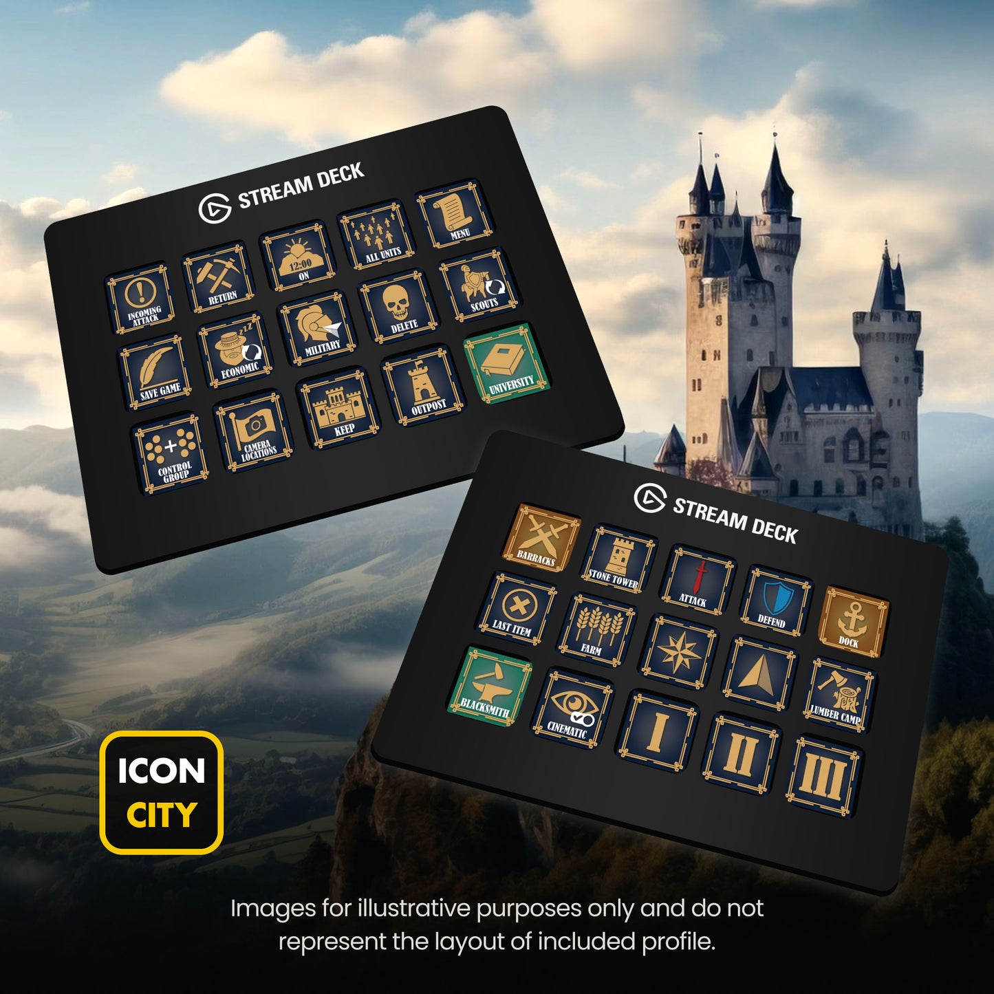 Two Stream Deck devices showing Age of Empires IV icons by iConCity. Images for illustrative purposes only and do not represent the layout of included profiles. 