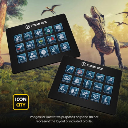 Two Stream Deck devices showing Ark Survival icons by iConCity. Images for illustrative purposes only and do not represent the layout of included profiles. 