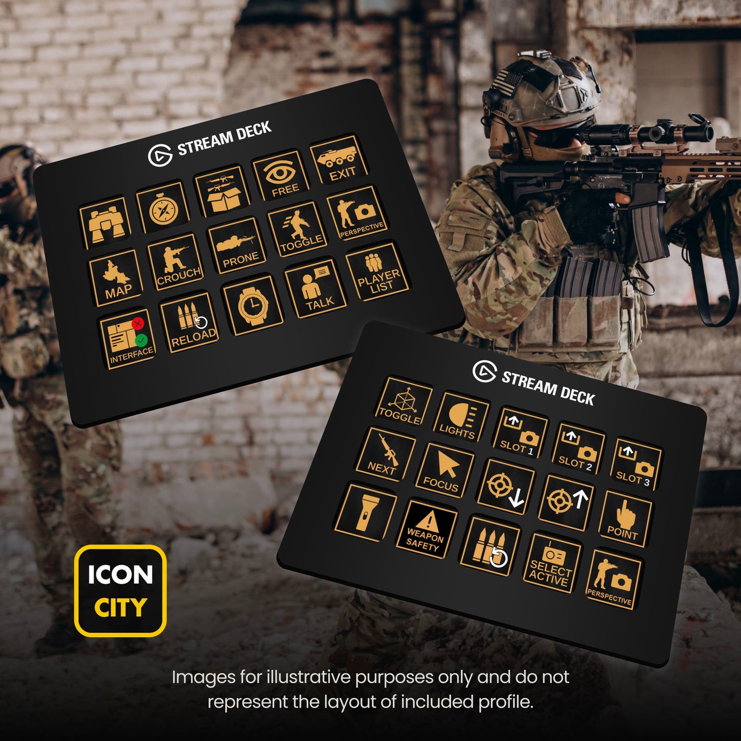 Two Stream Deck devices showing Arma Reforger icons by iConCity. Images for illustrative purposes only and do not represent the layout of included profiles. 