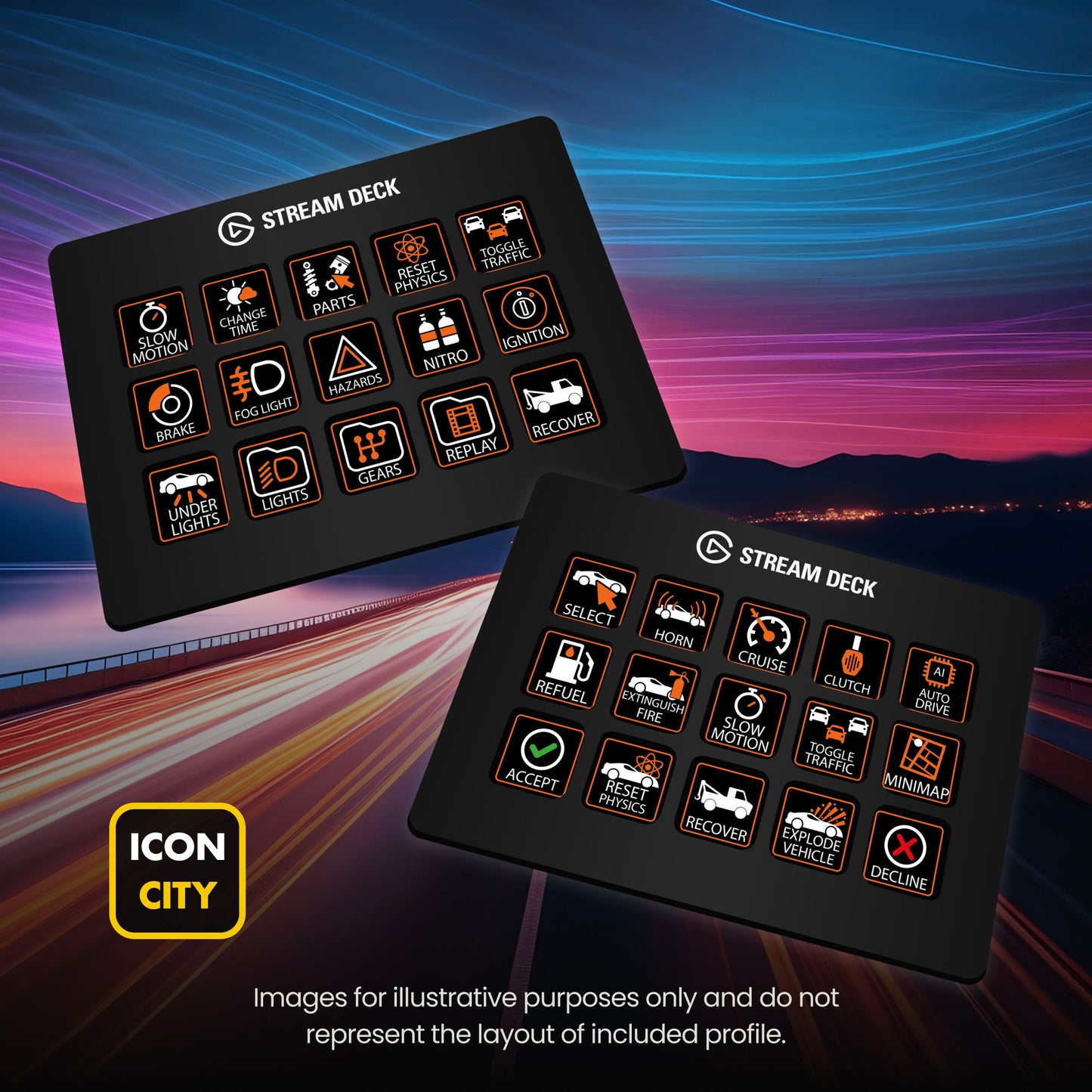 Two Stream Deck devices showing BEAMNG icons by iConCity. Images for illustrative purposes only and do not represent the layout of included profiles. 