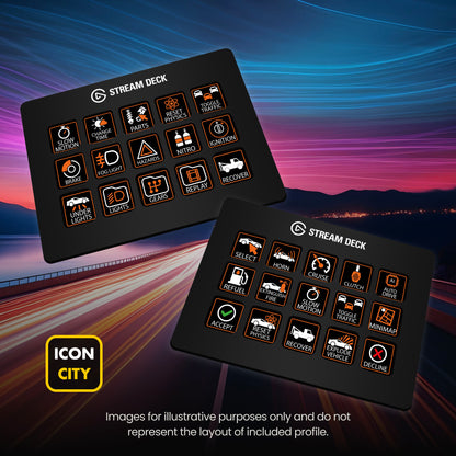 Two Stream Deck devices showing BEAMNG icons by iConCity. Images for illustrative purposes only and do not represent the layout of included profiles. 