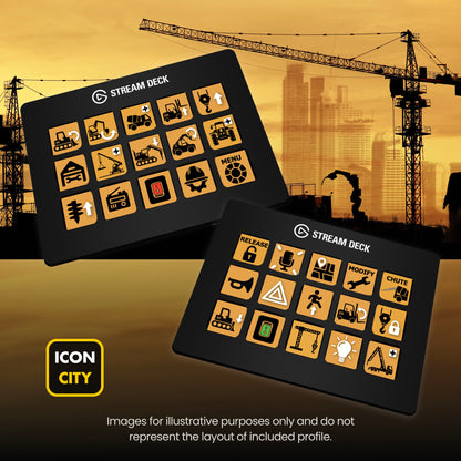 Two Stream Deck devices showing Construction Simulator 2022 icons by iConCity. Images for illustrative purposes only and do not represent the layout of included profiles.