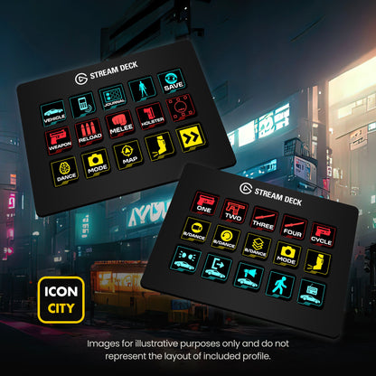 Two Stream Deck devices showing Cyberpunk 2077 icons by iConCity. Images for illustrative purposes only and do not represent the layout of included profiles.