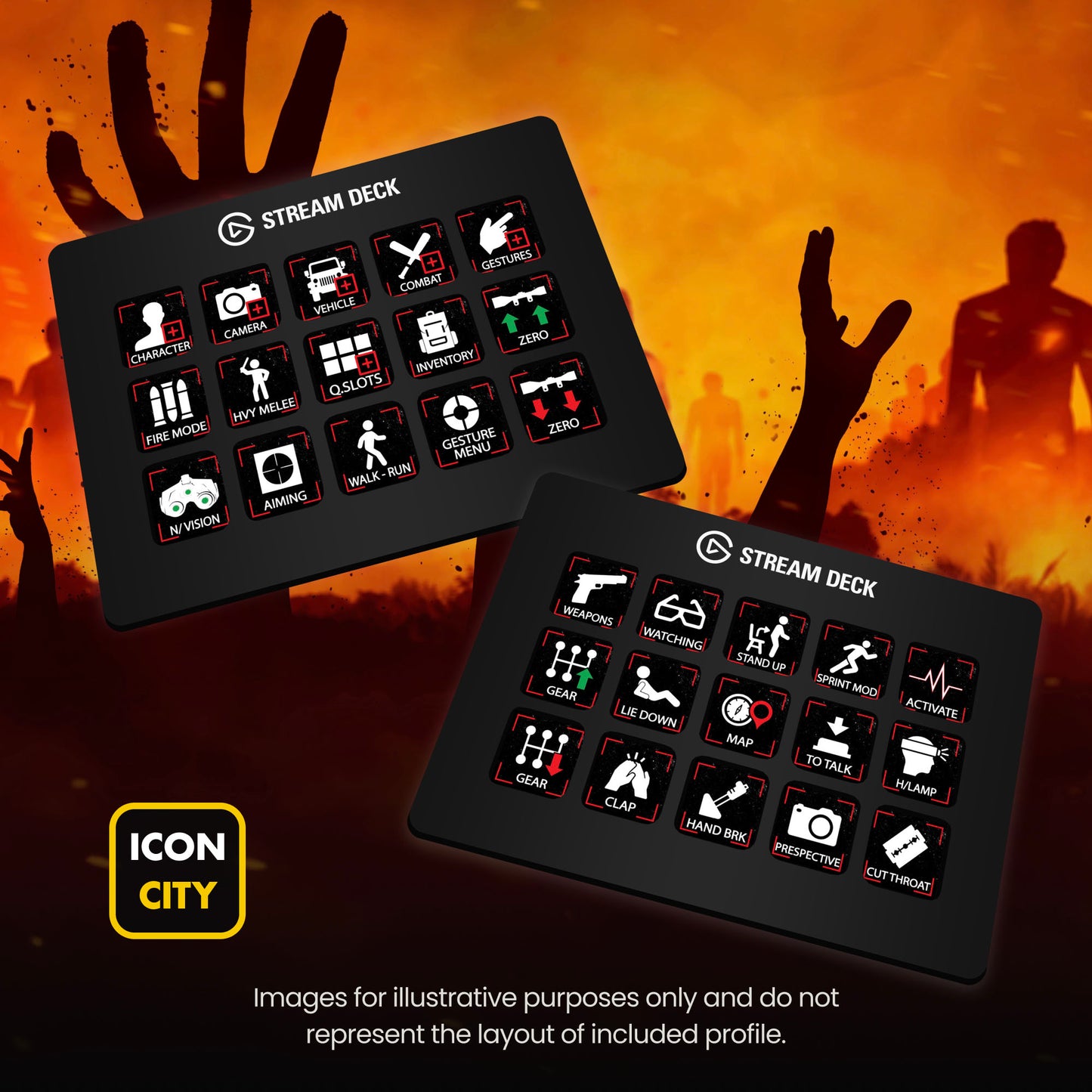 Two Stream Deck devices showing Day Z icons by iConCity. Images for illustrative purposes only and do not represent the layout of included profiles. 