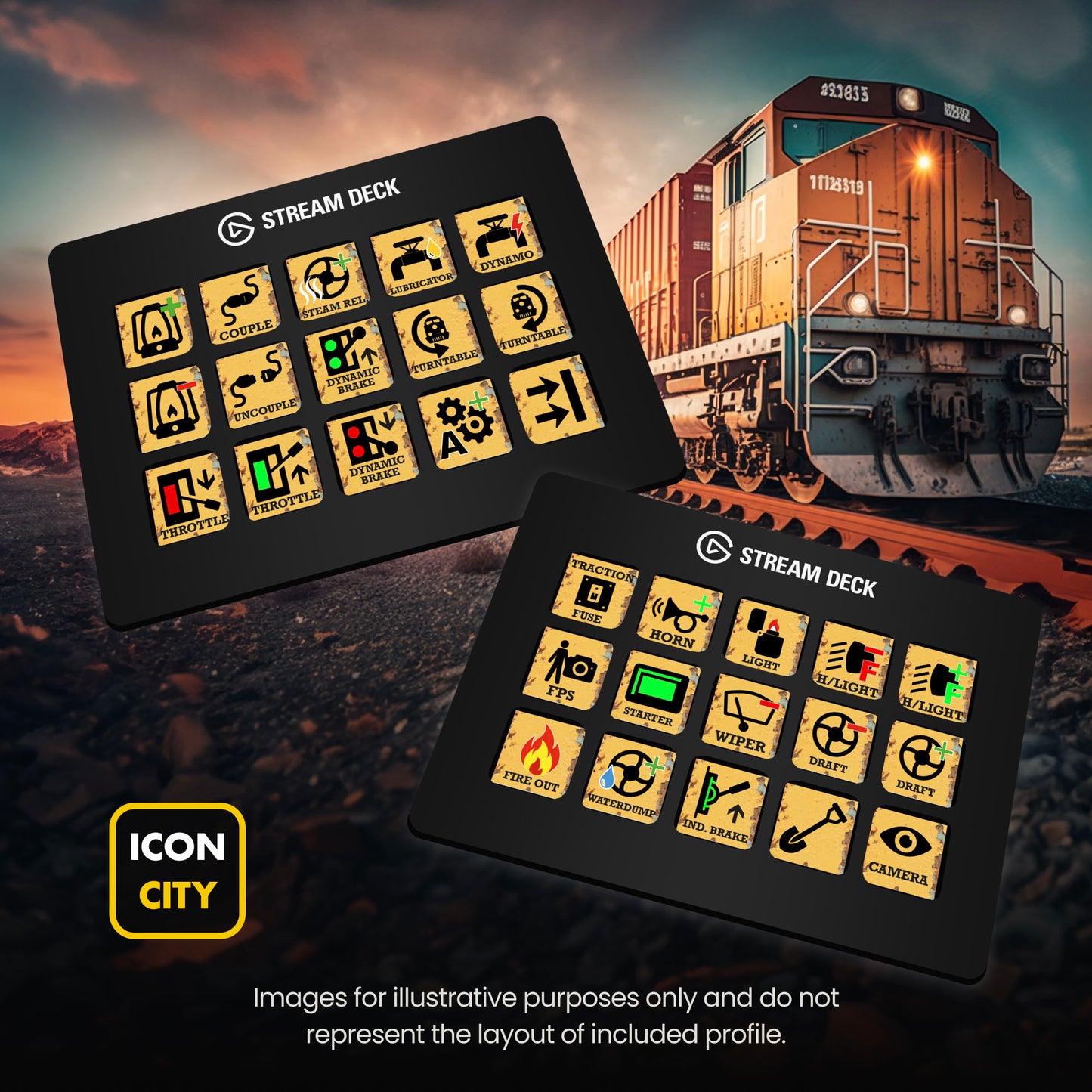 Two Stream Deck devices showing Derail Valley icons by iConCity.