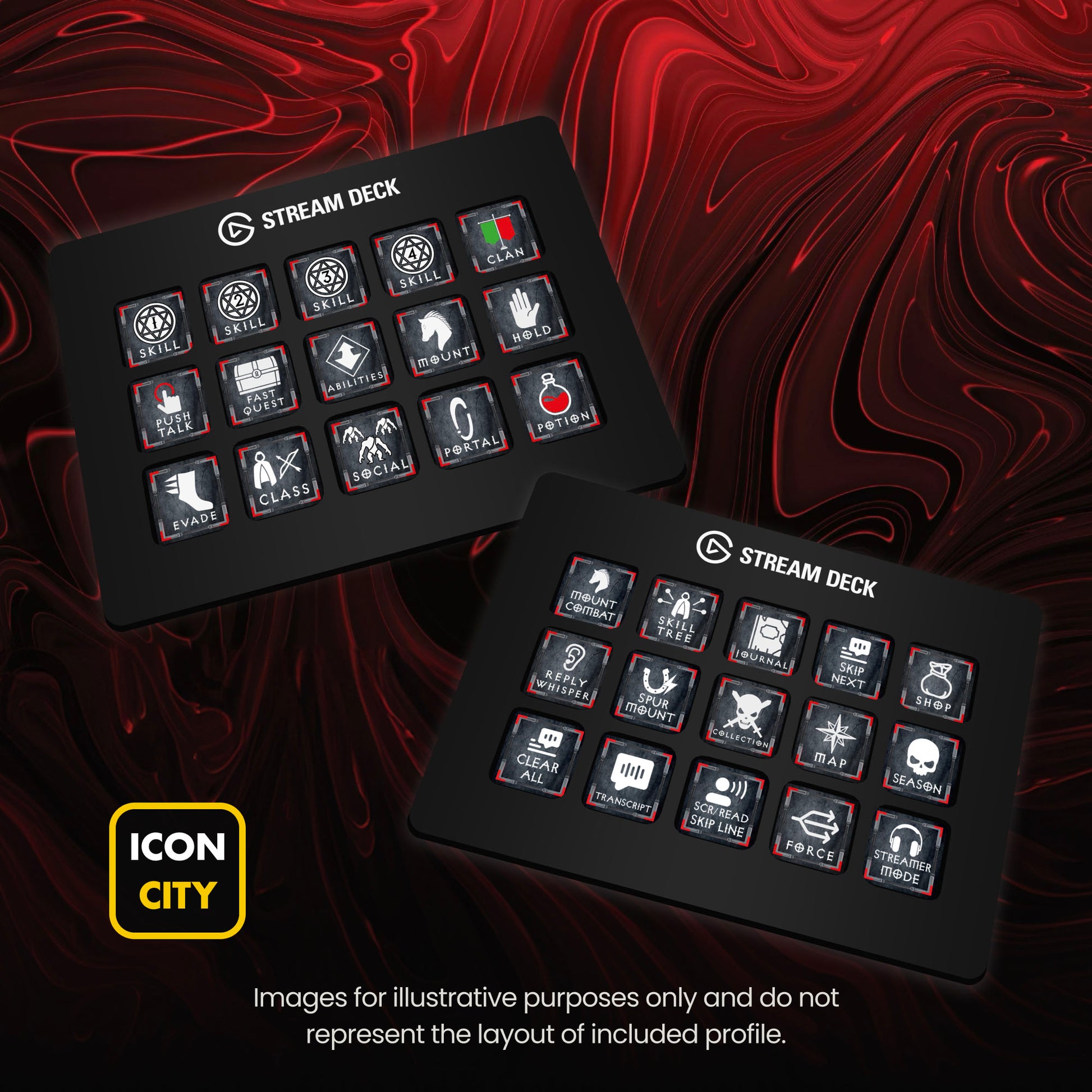 Two Stream Deck devices showing Diablo 4 icons by iConCity. Images for illustrative purposes only and do not represent the layout of included profiles.