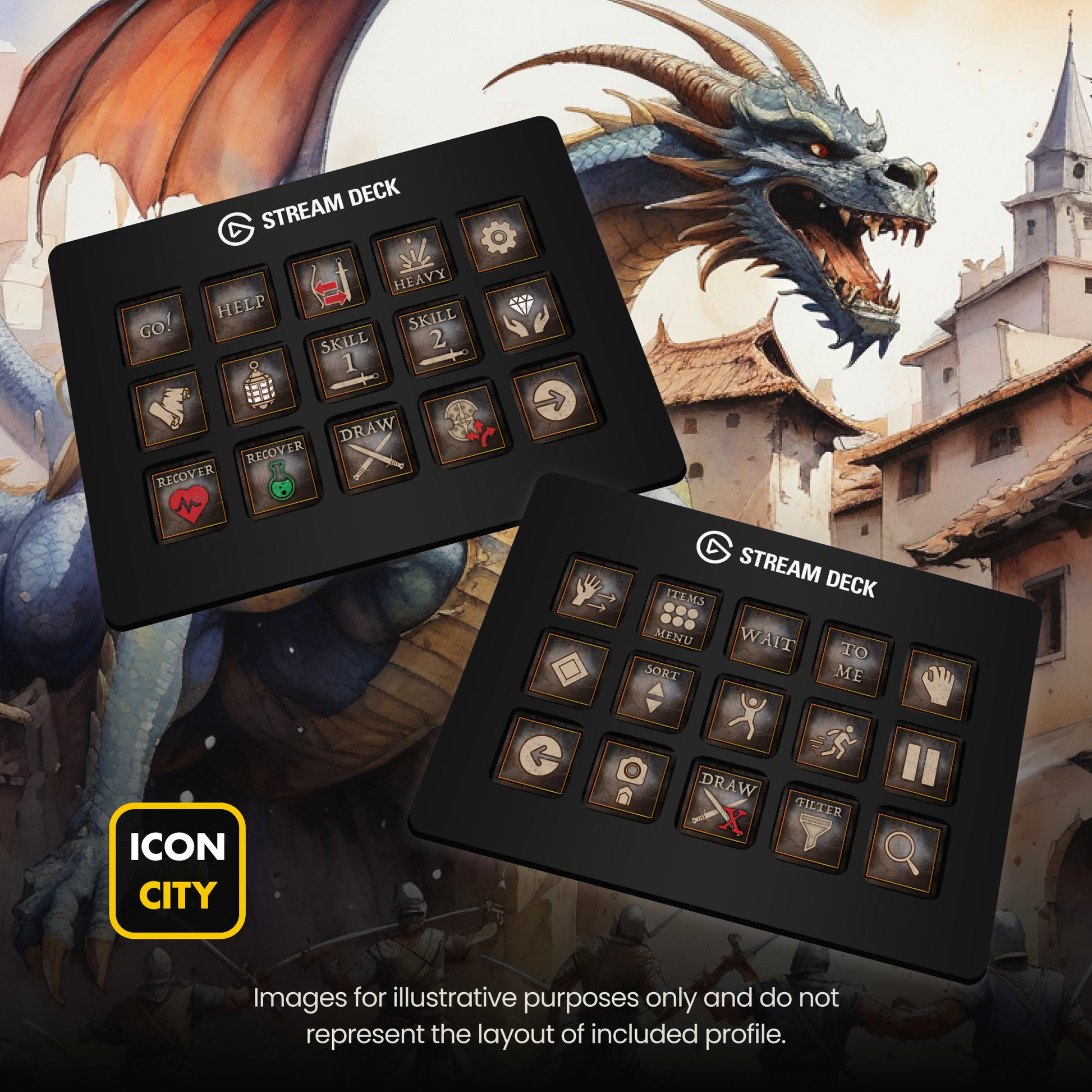 Two Stream Deck devices showing Dragon’s Dogma 2 icons by iConCity. Images for illustrative purposes only and do not represent the layout of included profiles.