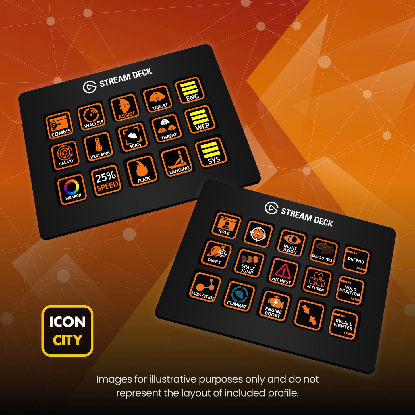 Two Stream Deck devices showing Elite Dangerous icons by iConCity. Images for illustrative purposes only and do not represent the layout of included profiles. 