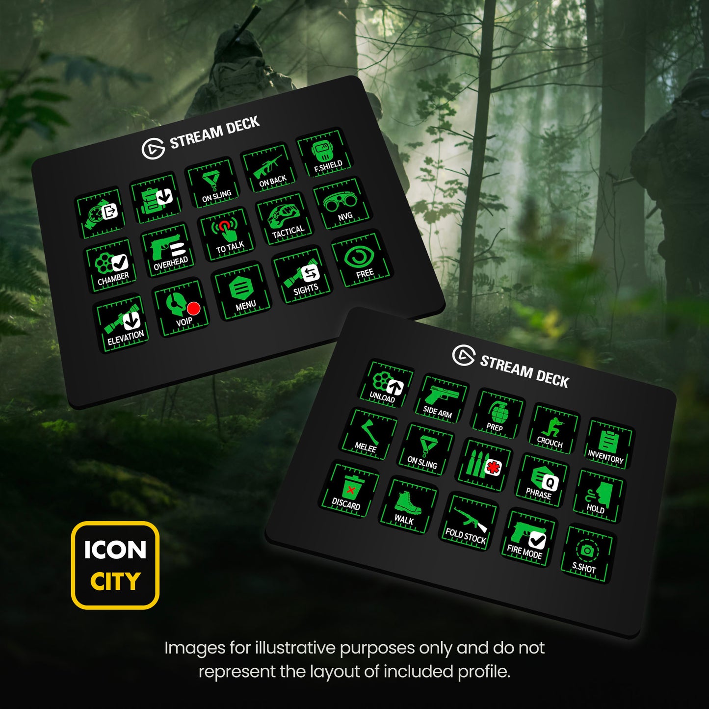 Two Stream Deck devices showing Escape from Tarkov icons by iConCity. Images for illustrative purposes only and do not represent the layout of included profiles. 