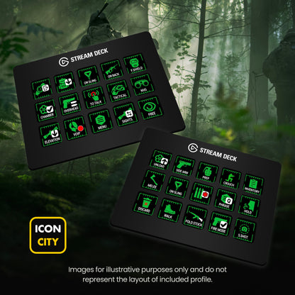 Two Stream Deck devices showing Escape from Tarkov icons by iConCity. Images for illustrative purposes only and do not represent the layout of included profiles. 