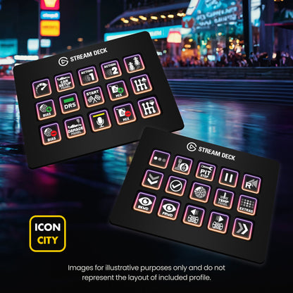 Two Stream Deck devices showing F1 24 icons by iConCity. Images for illustrative purposes only and do not represent the layout of included profiles.