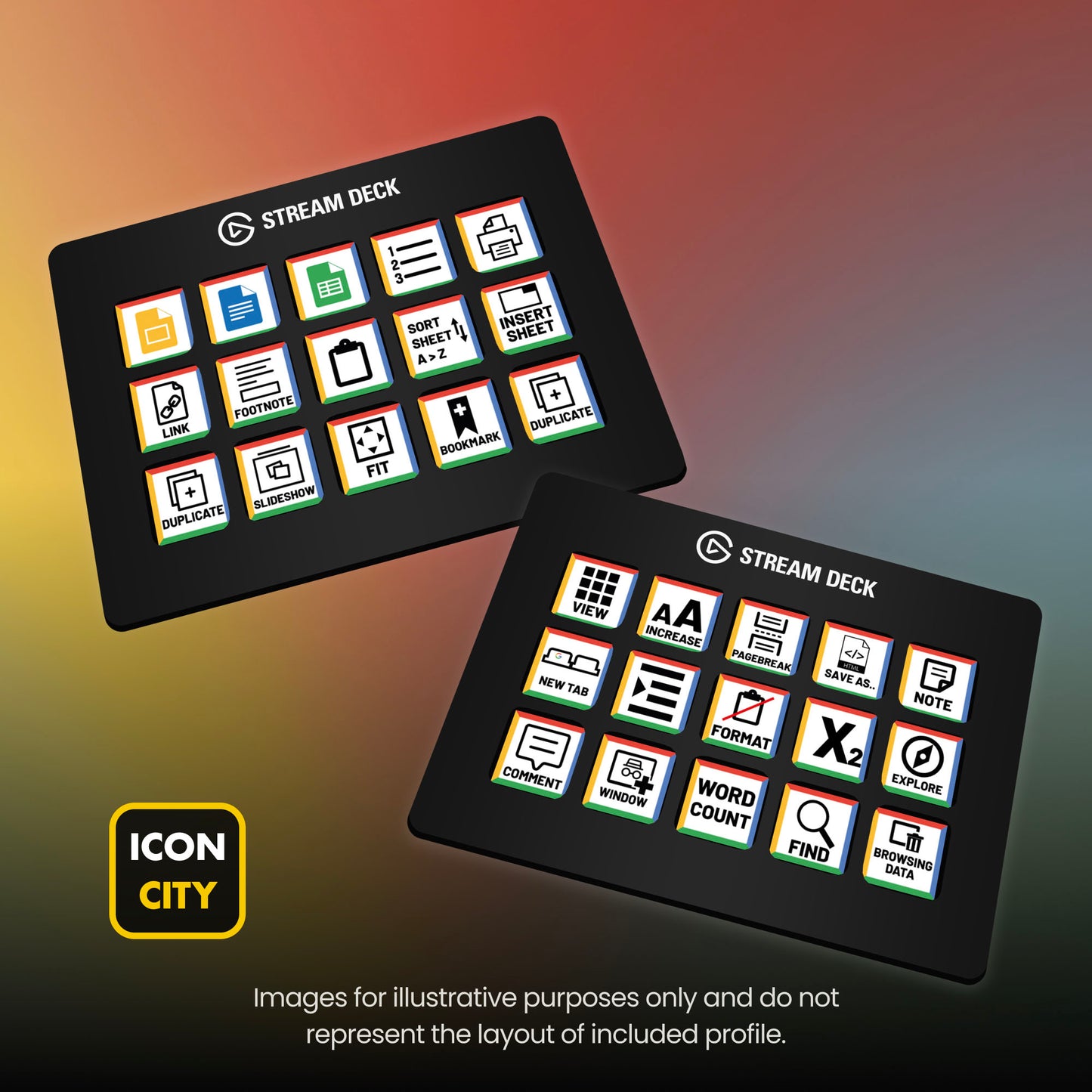 Two Stream Deck devices showing Google Workspace icons by iConCity. Images for illustrative purposes only and do not represent the layout of included profiles. 