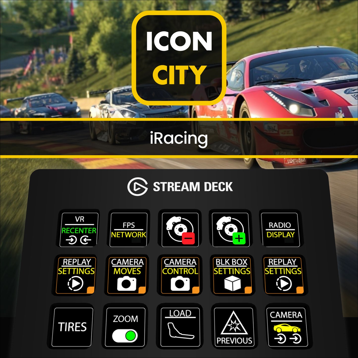 iracing icons and profiles for Elgato Stream Deck 15 and 32 key XL from iconcity.com