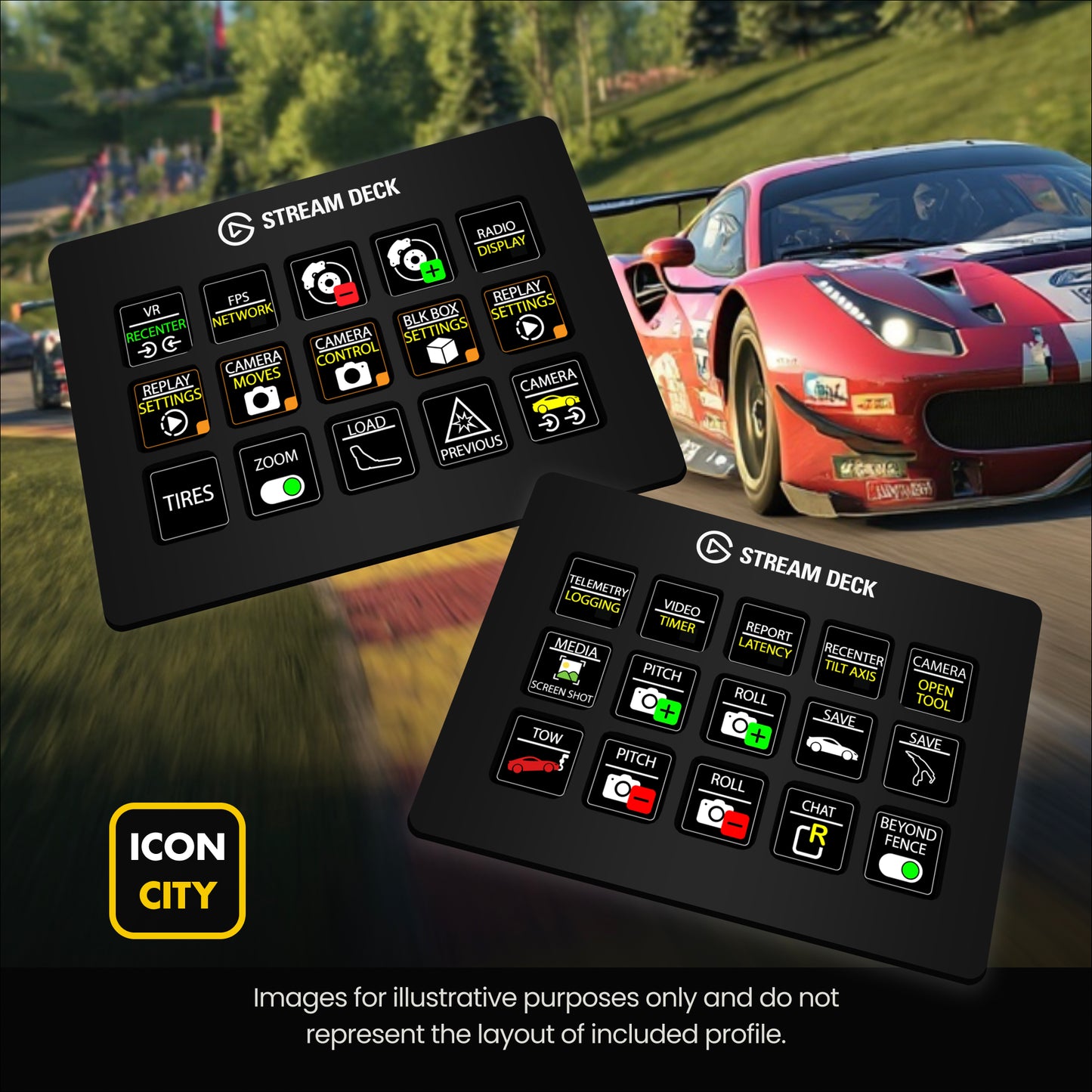 iracing icons and profiles for Elgato Stream Deck 15 and 32 key XL from iconcity.com