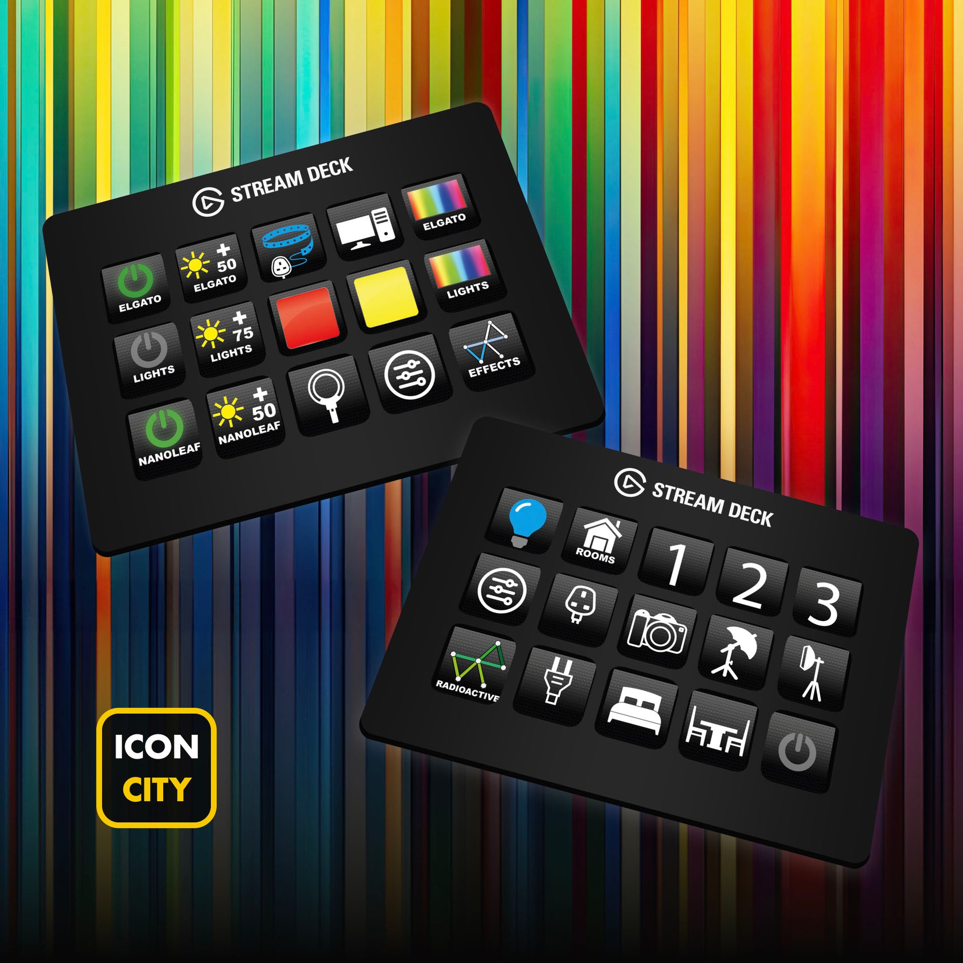 Two Stream Deck devices showing Light Deck Studio icons by iConCity.