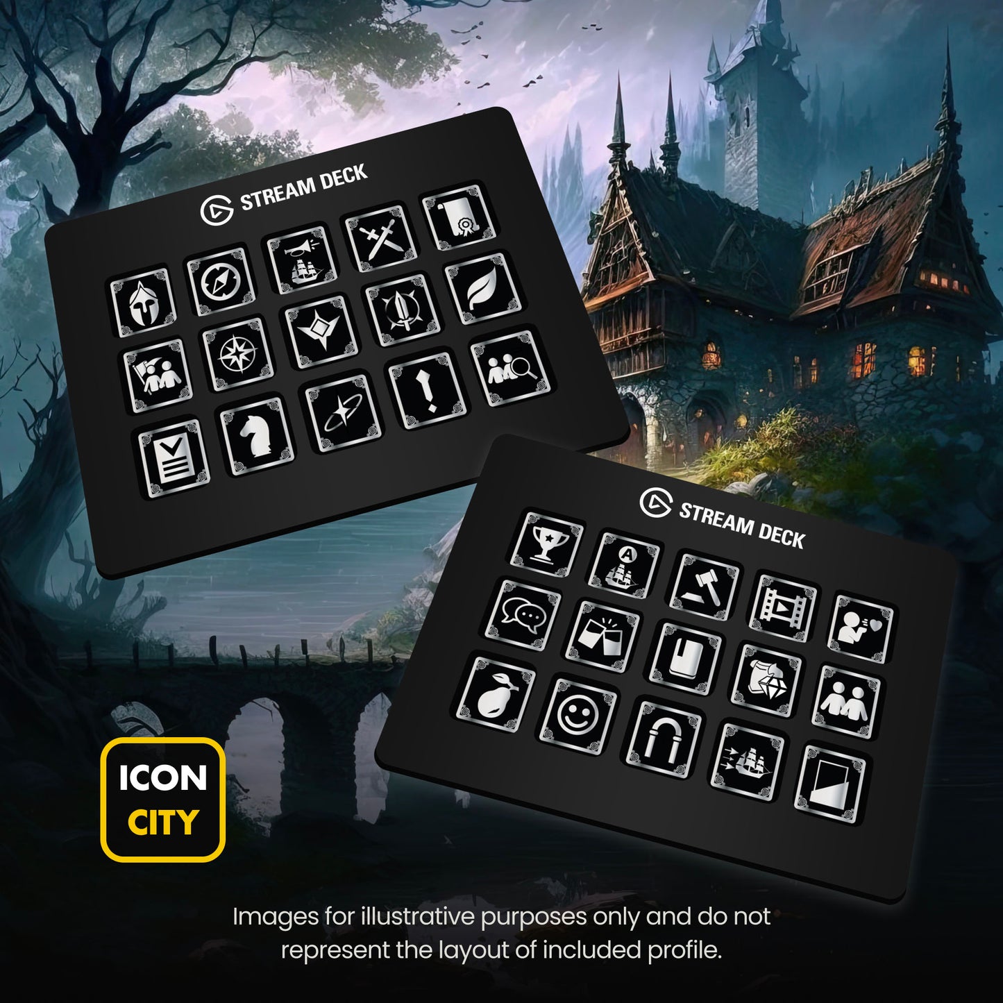 Two Stream Deck devices showing Lost Ark icons by iConCity. Images for illustrative purposes only and do not represent the layout of included profiles. 