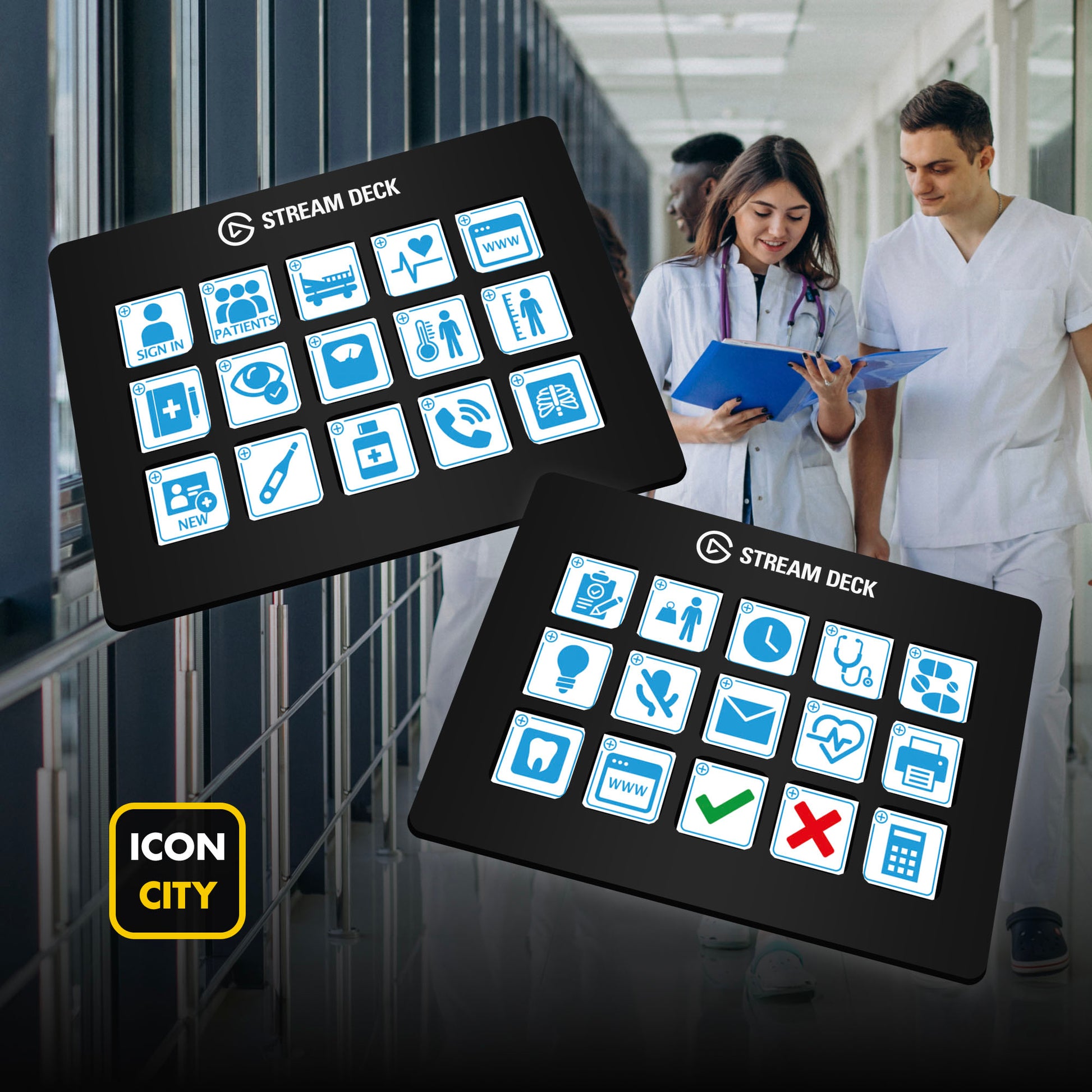 Two Stream Deck devices showing Medical icons by iConCity.