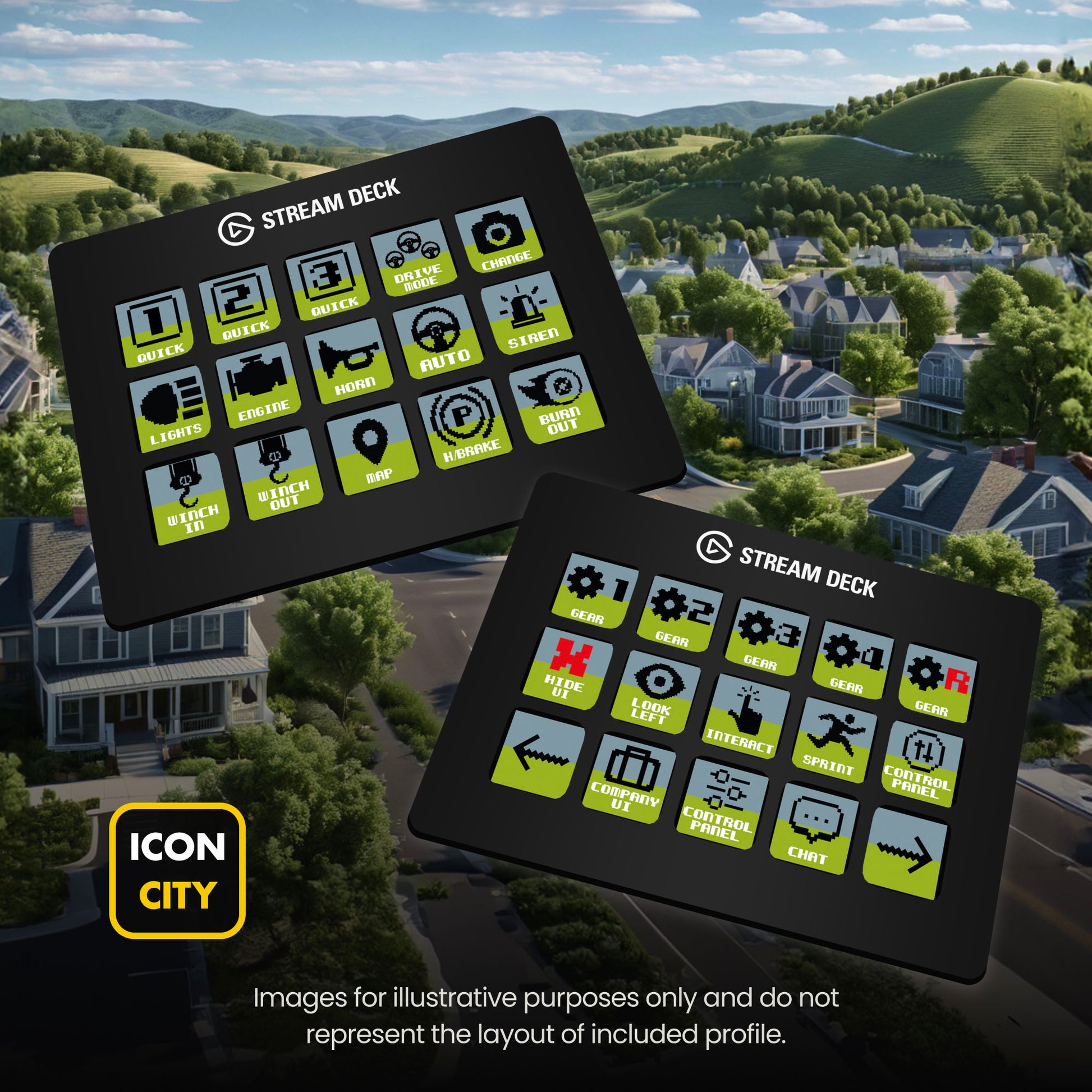 Two Stream Deck devices showing Motor Town icons by iConCity.