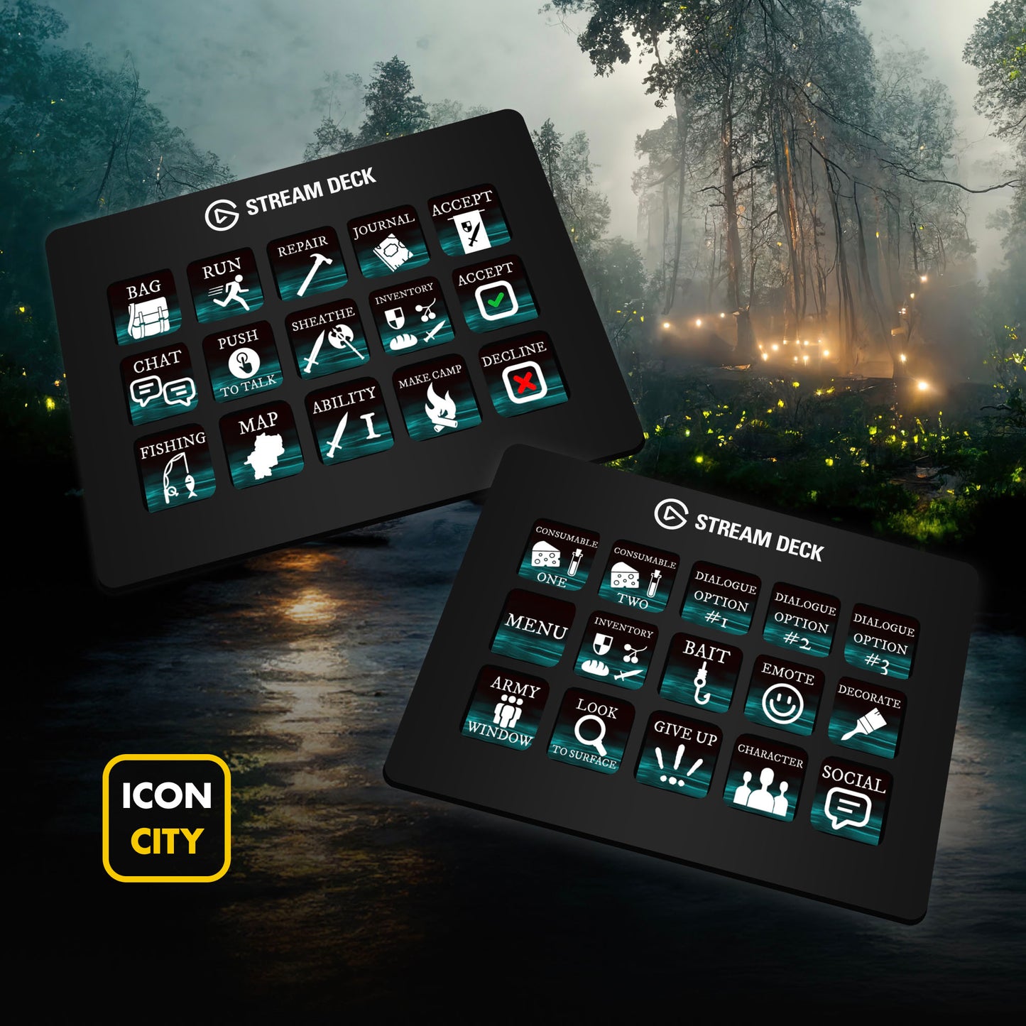 Two Stream Deck devices showing New World icons by iConCity. Images for illustrative purposes only and do not represent the layout of included profiles. 