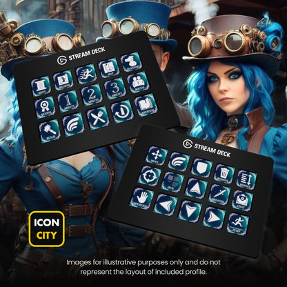 Two Stream Deck devices showing Nightingale icons by iConCity. Images for illustrative purposes only and do not represent the layout of included profiles. 