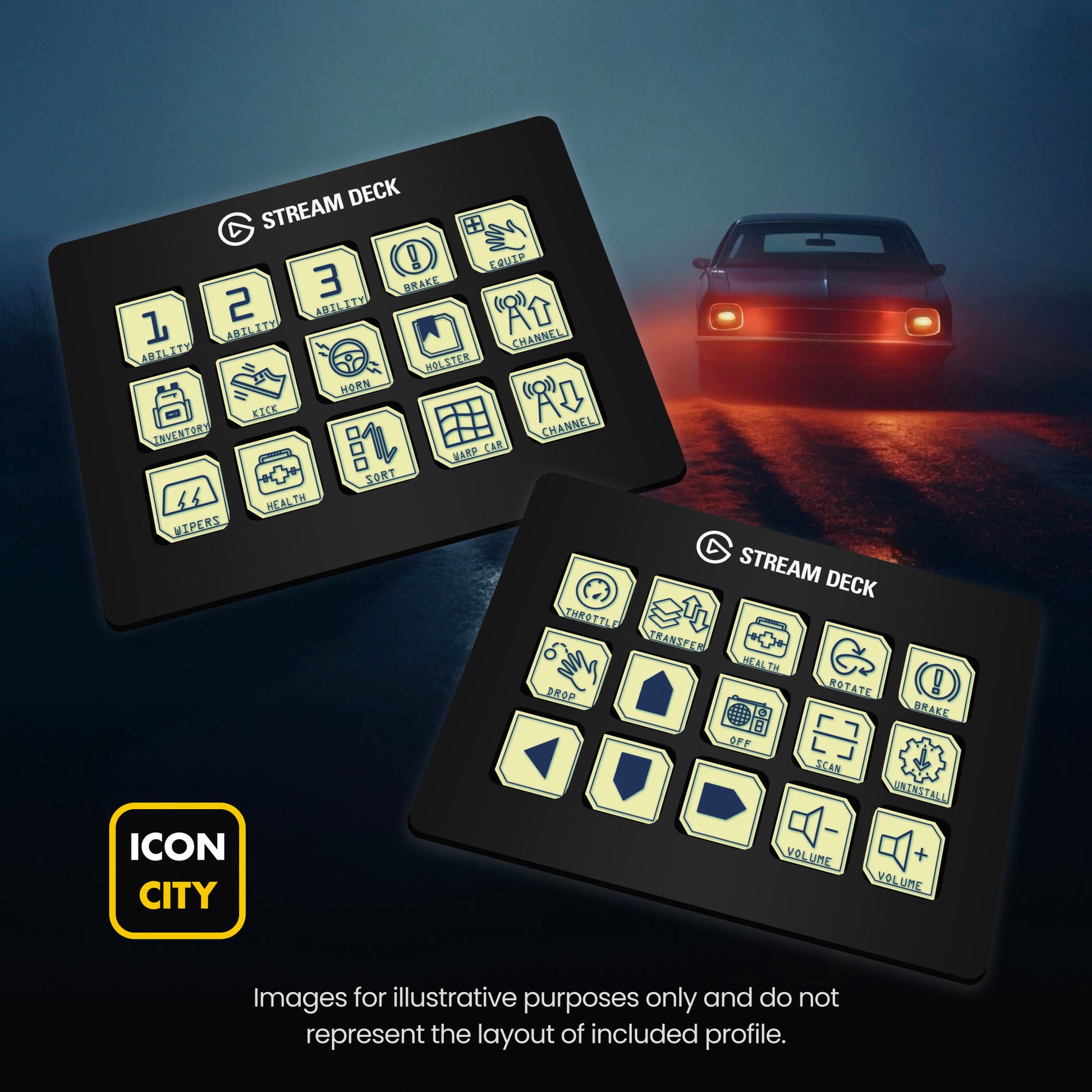 Two Stream Deck devices showing Pacific Drive icons by iConCity. Images for illustrative purposes only and do not represent the layout of included profiles. 