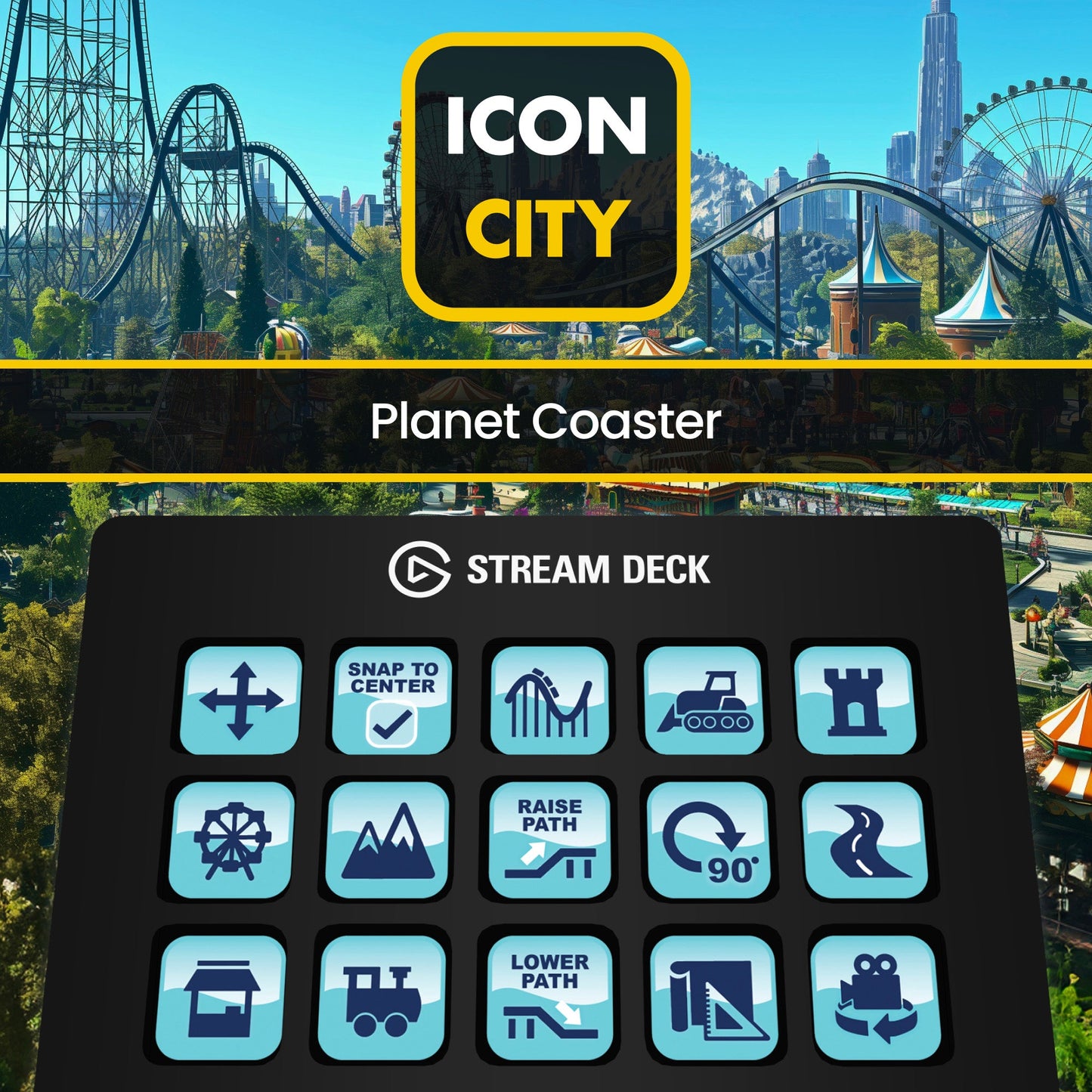 Planet Coaster icons in red and blue variants