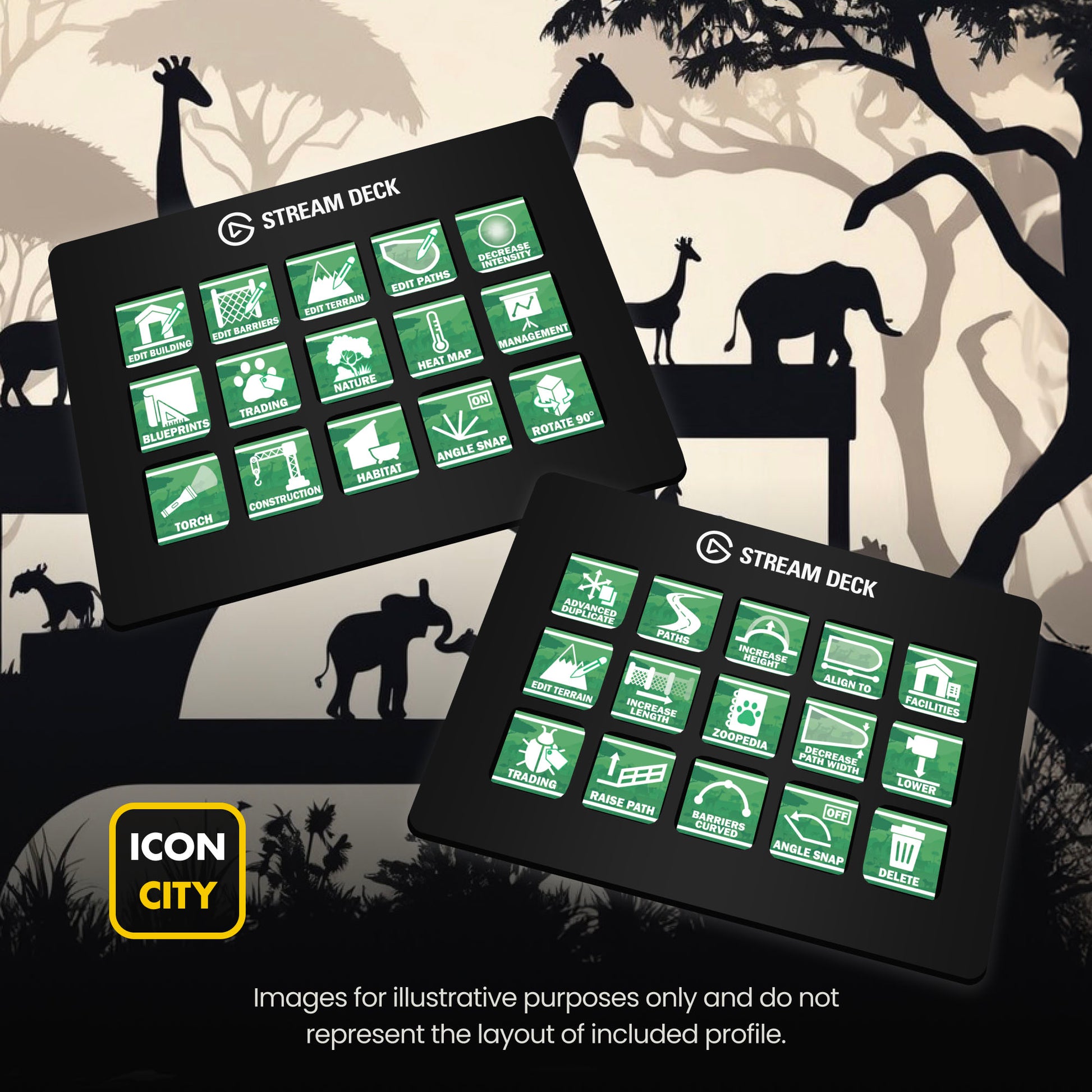 Two Stream Deck devices showing Planet Zoo icons by iConCity. Images for illustrative purposes only and do not represent the layout of included profiles. 