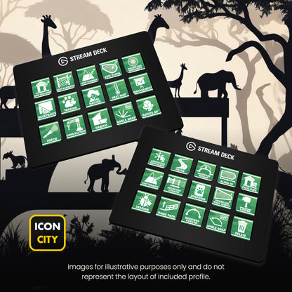 Two Stream Deck devices showing Planet Zoo icons by iConCity. Images for illustrative purposes only and do not represent the layout of included profiles. 