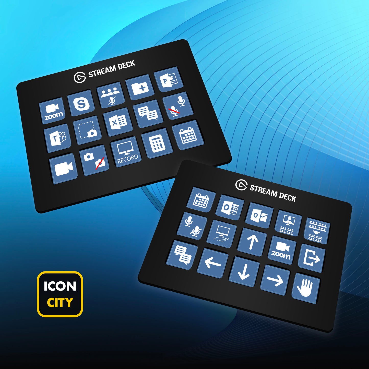 Two Stream Deck devices showing Productivity icons by iConCity. Images for illustrative purposes only and do not represent the layout of included profiles. 