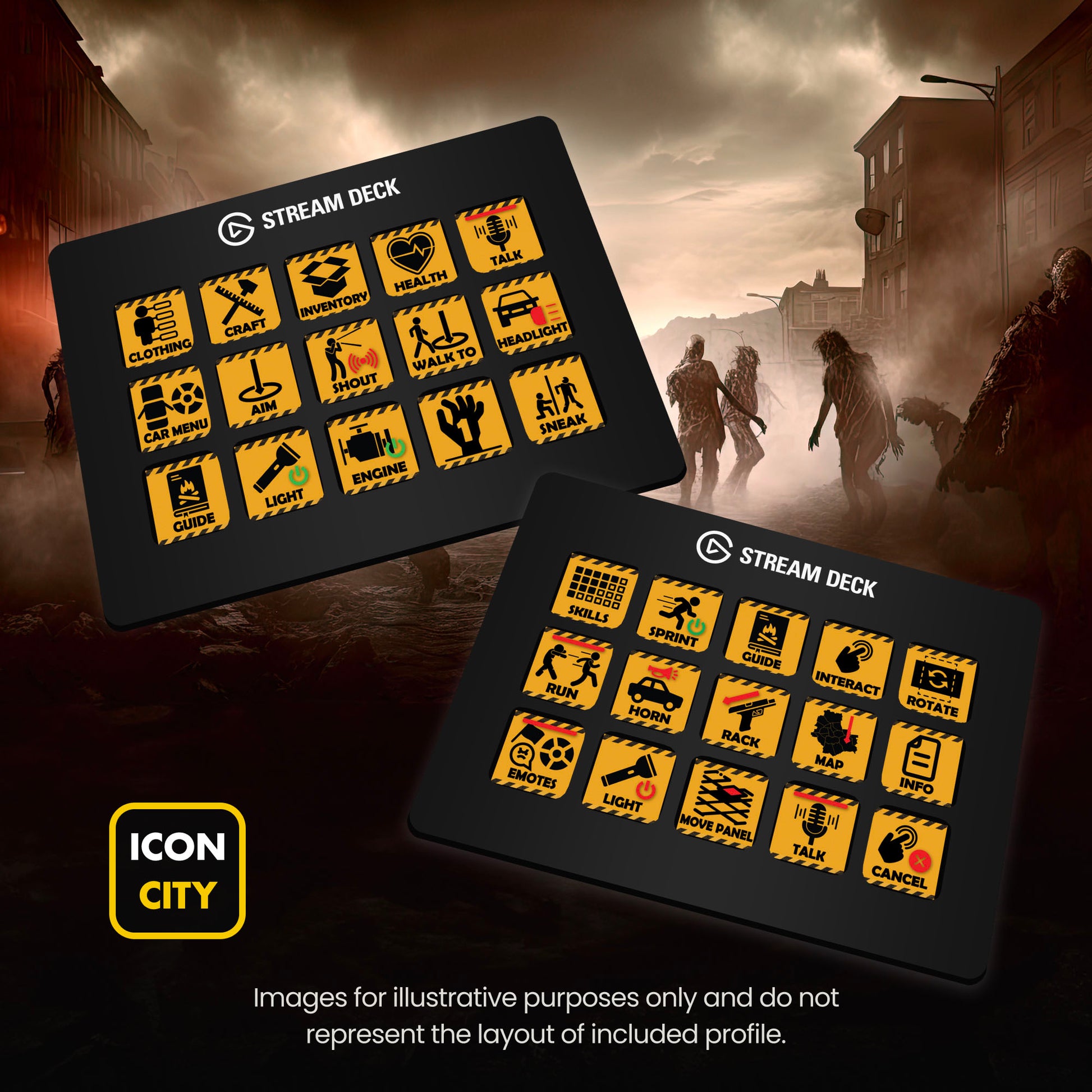 Two Stream Deck devices showing Project Zomboid icons by iConCity. Images for illustrative purposes only and do not represent the layout of included profiles. 