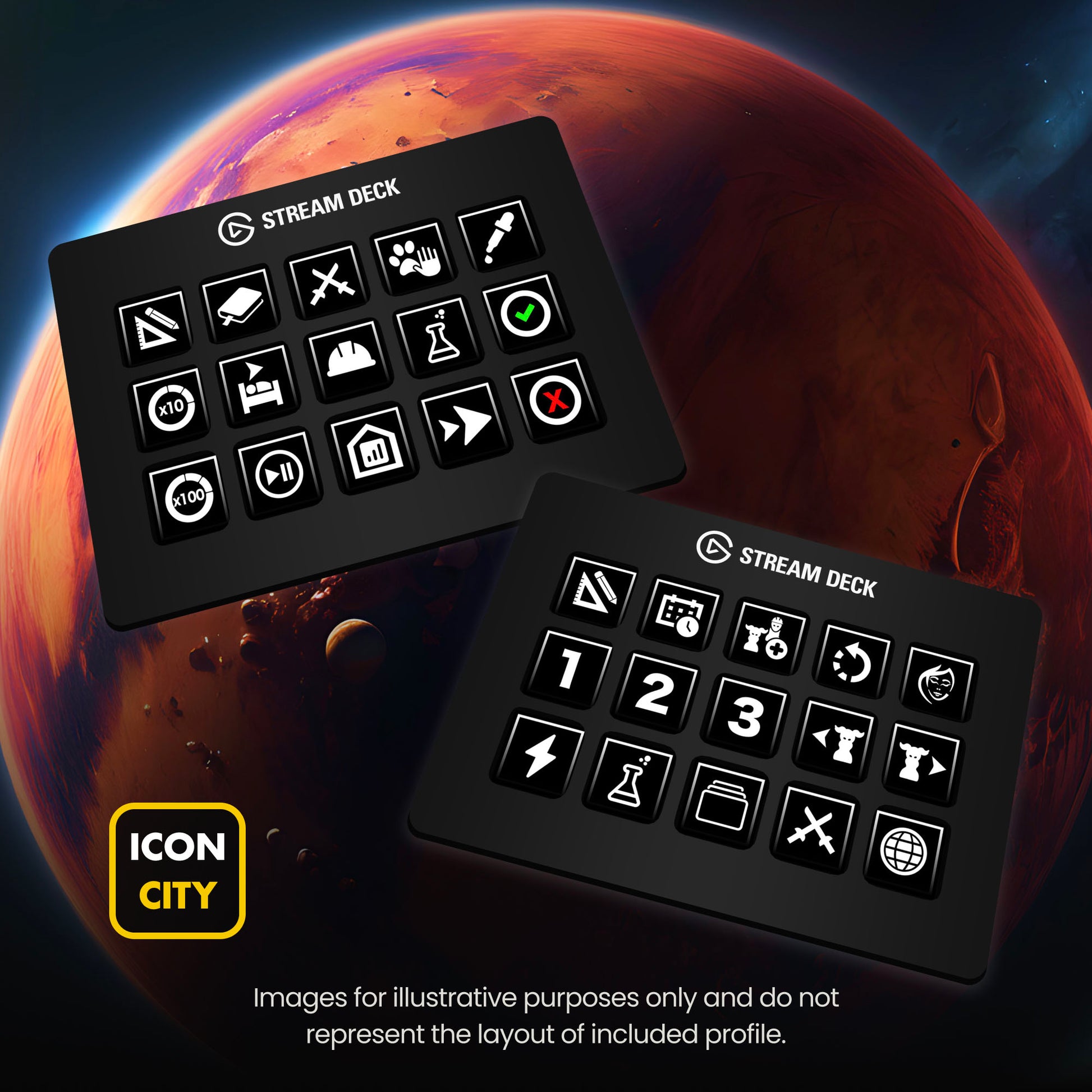 Two Stream Deck devices showing RimWorld icons by iConCity. Images for illustrative purposes only and do not represent the layout of included profiles. 