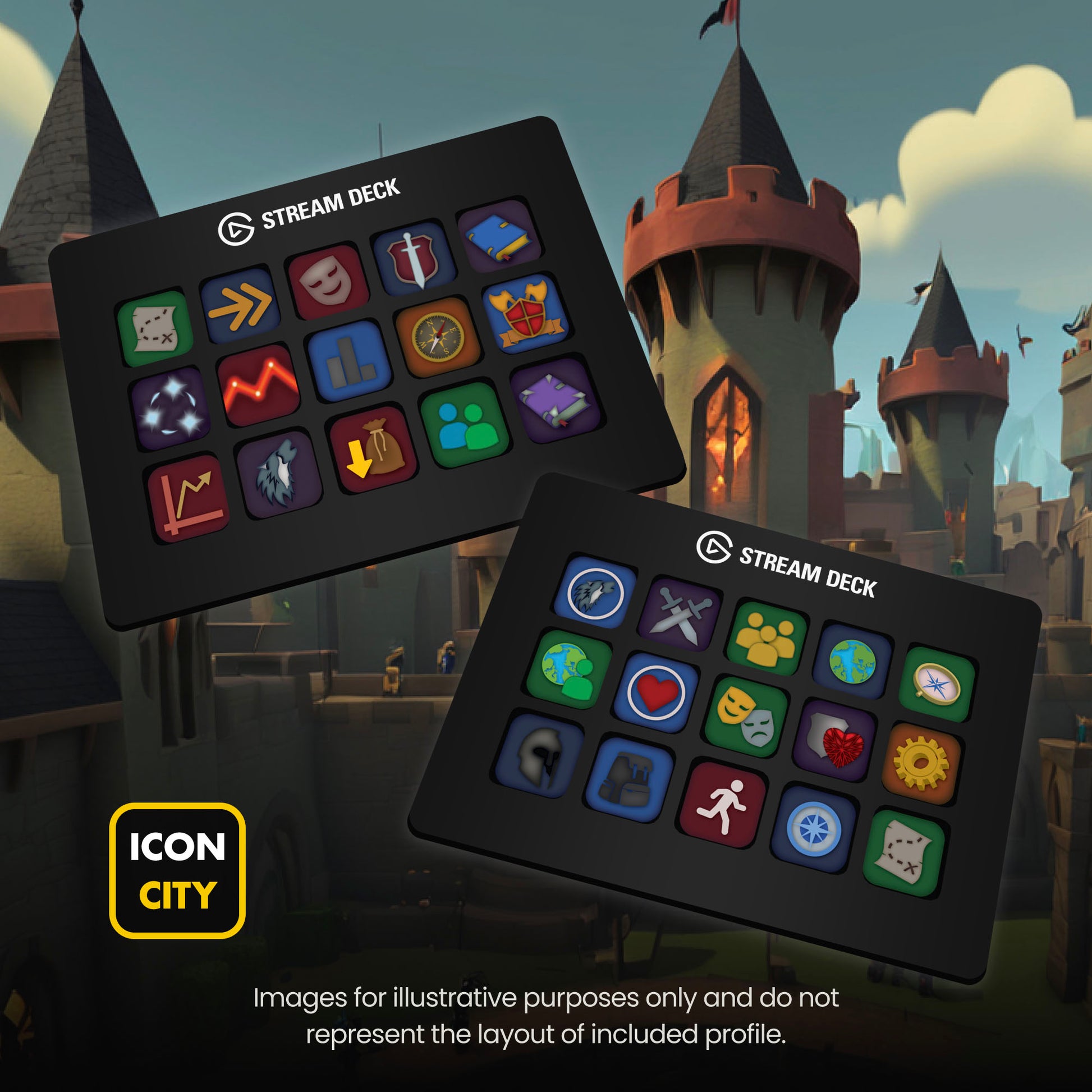 Two Stream Deck devices showing RuneScape icons by iConCity. Images for illustrative purposes only and do not represent the layout of included profiles. 